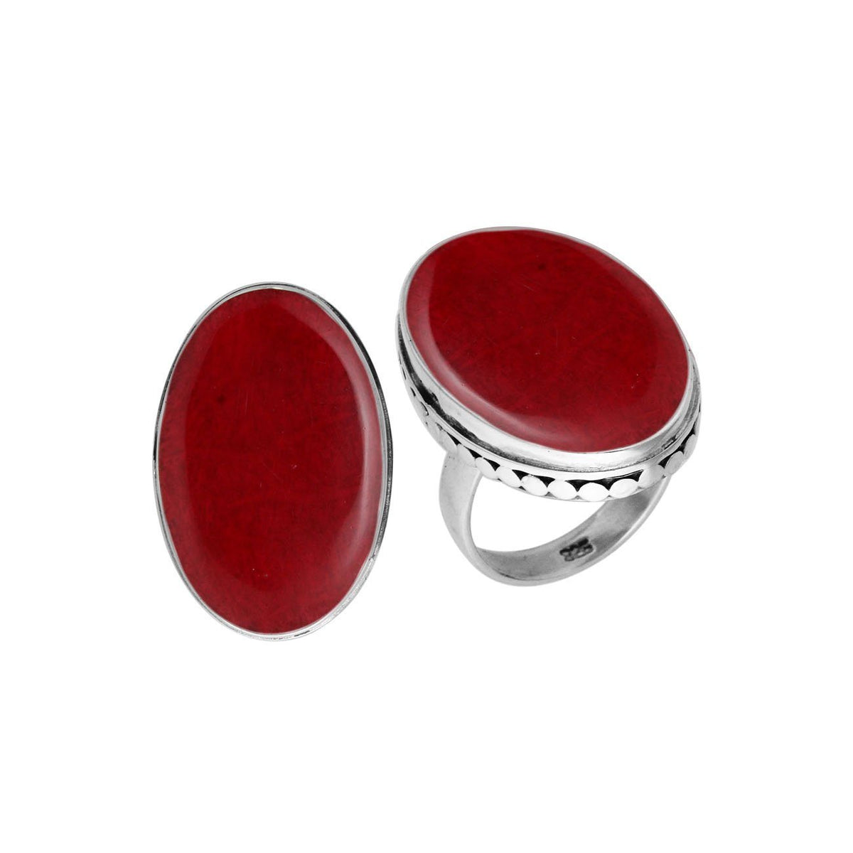 Sterling Silver Handcrafted Red Coral Oval Statement Ring
