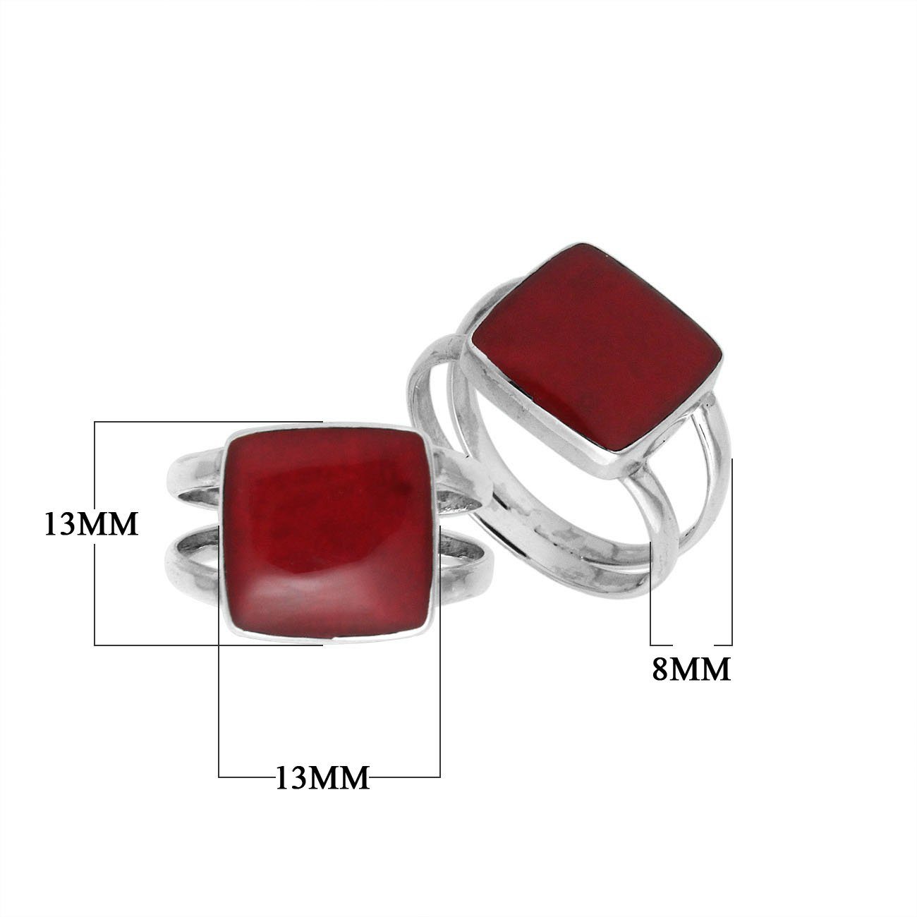 Sterling Silver Handcrafted Red Coral Square Shape Statement Ring