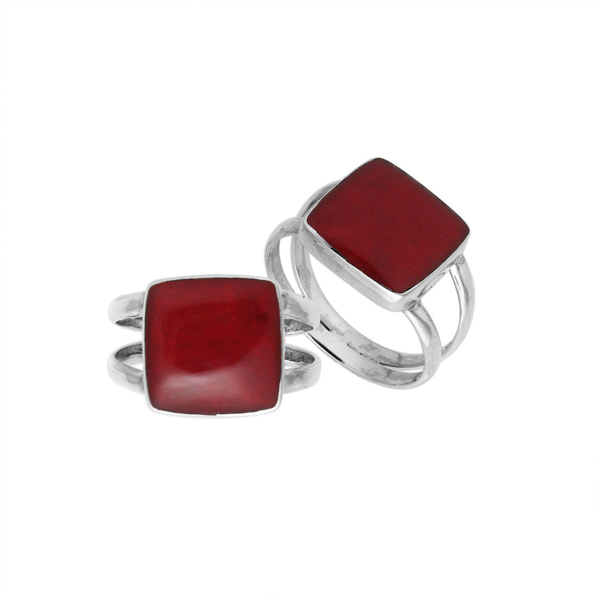 Sterling Silver Handcrafted Red Coral Square Shape Statement Ring