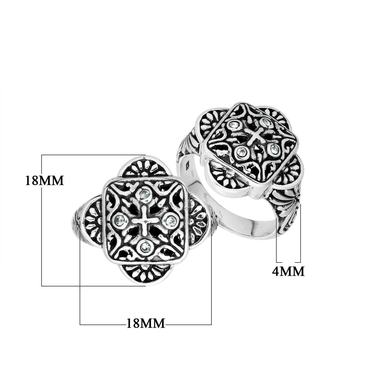 Sterling Silver Handcrafted Cubic Zircon Ornate Square Shape Statement Ring