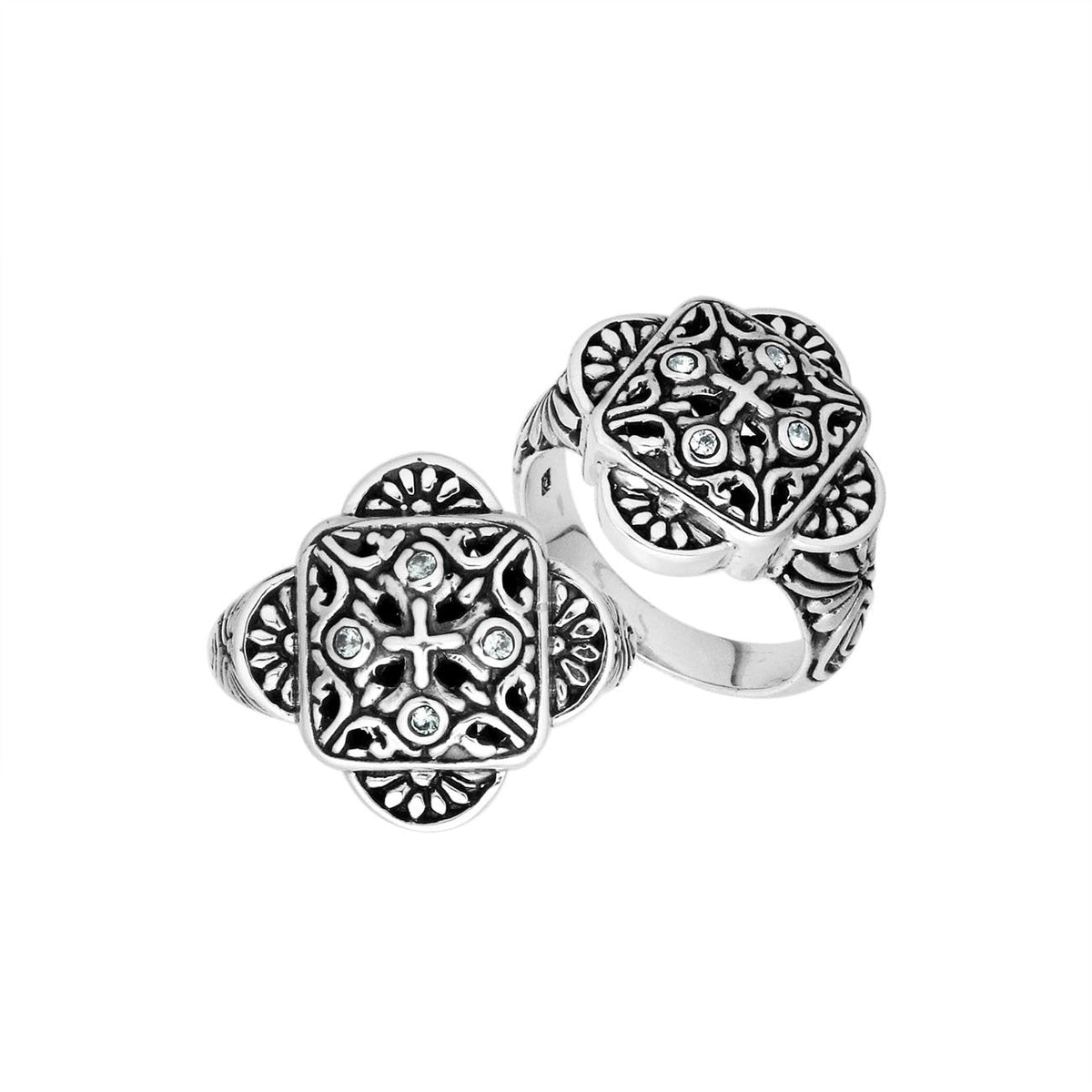 Sterling Silver Handcrafted Cubic Zircon Ornate Square Shape Statement Ring