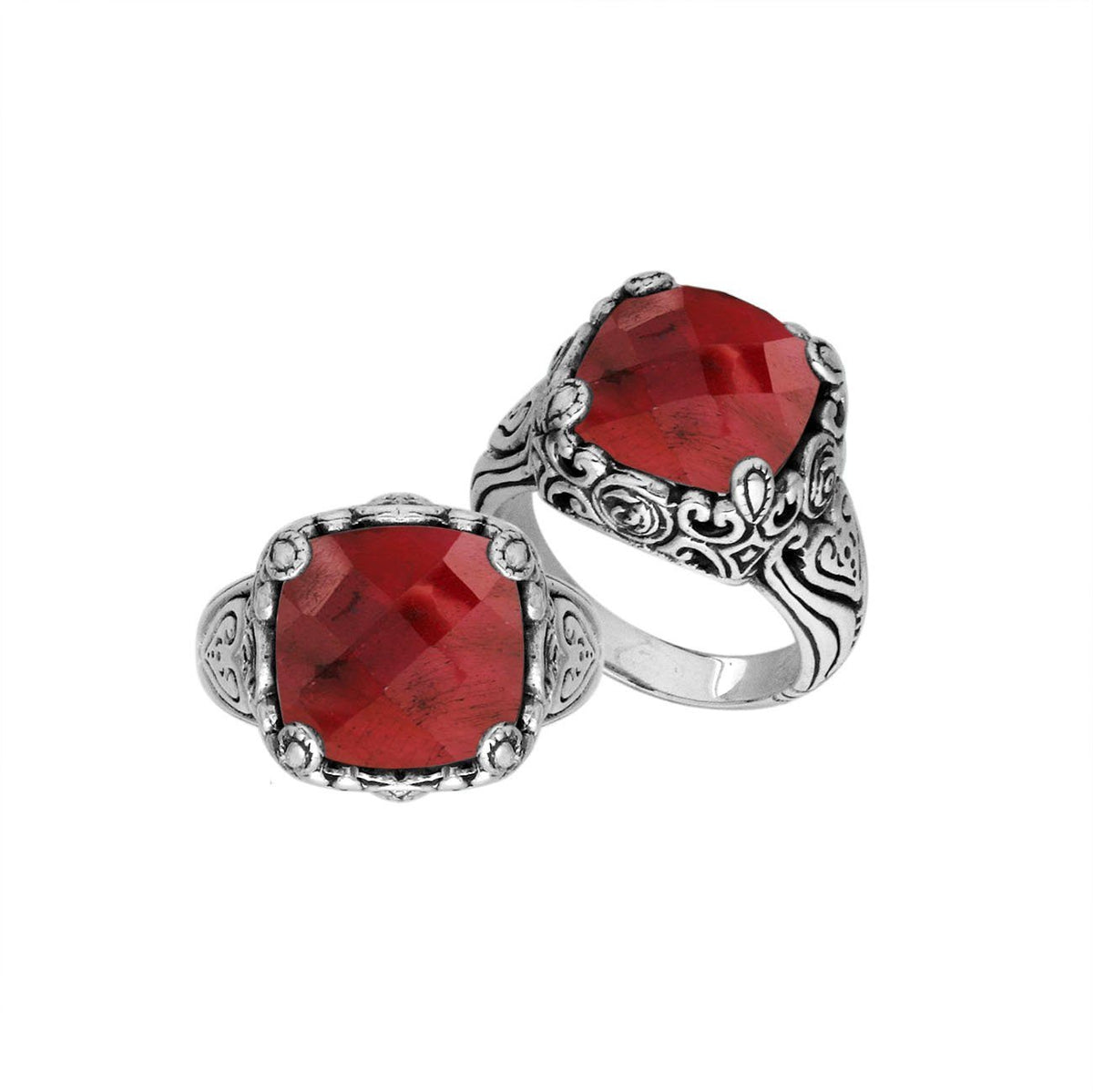 Handcrafted Sterling Silver Cushion Shape Ruby Ring in Balinese design