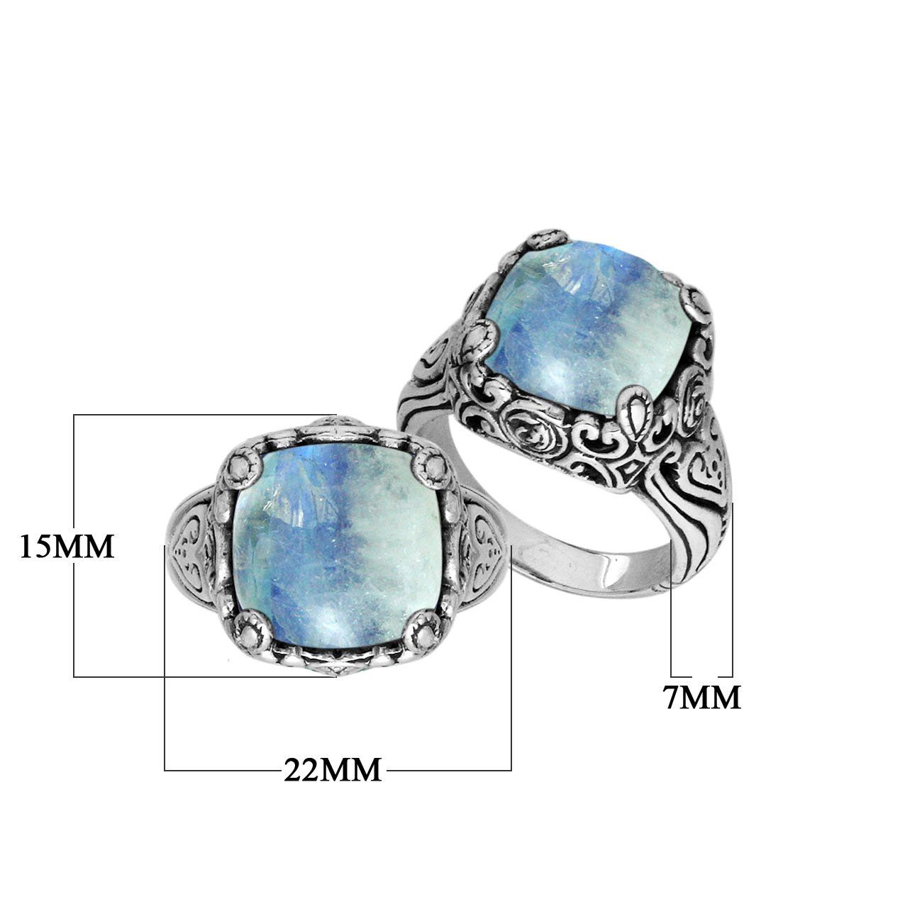 Handcrafted Sterling Silver Cushion Shape Ring featuring Rainbow Moonstone in Balinese design