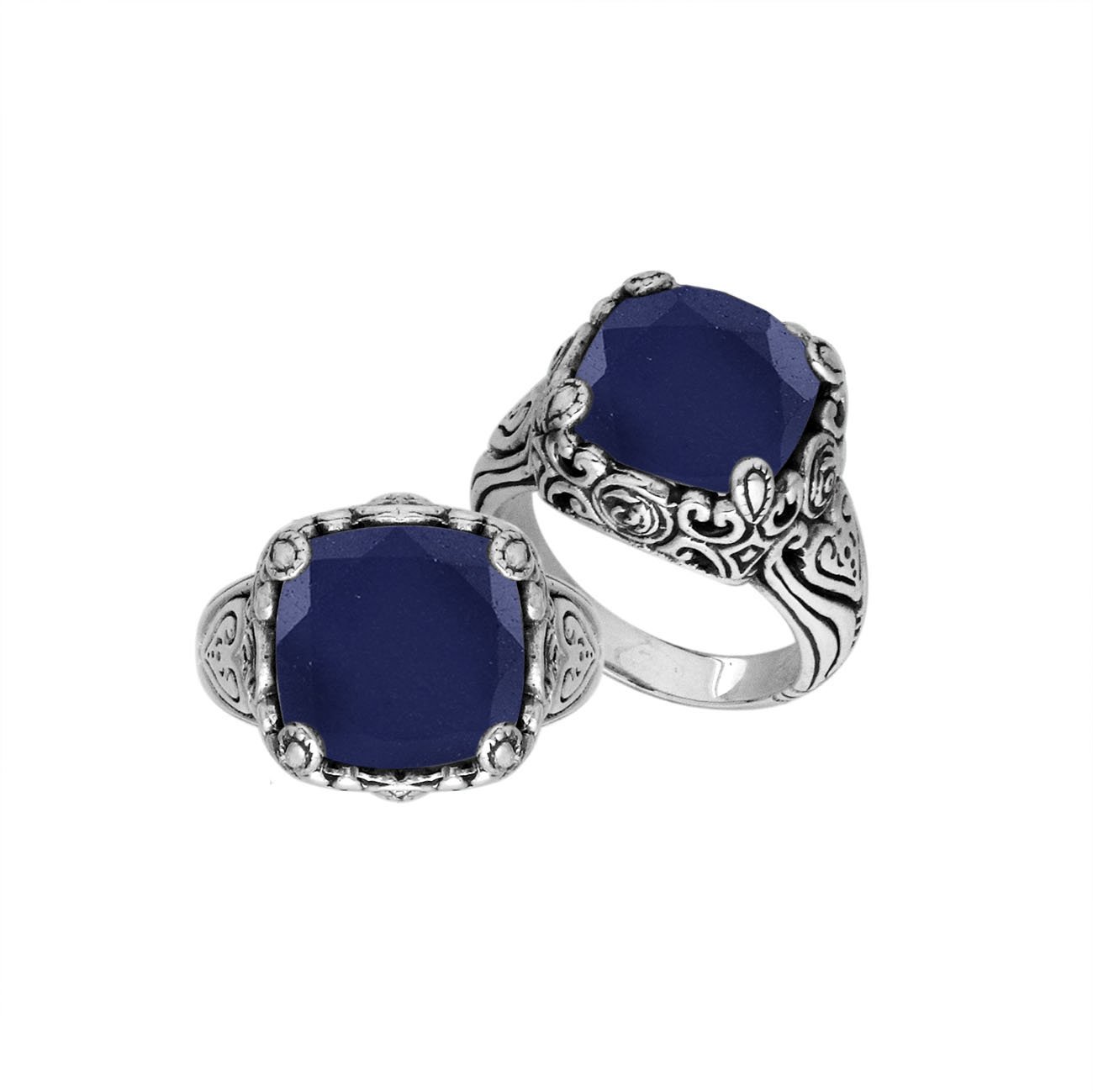 Sterling Silver vintage-inspired ring featuring Blue Sapphire and ornate handcrafted Balinese design.