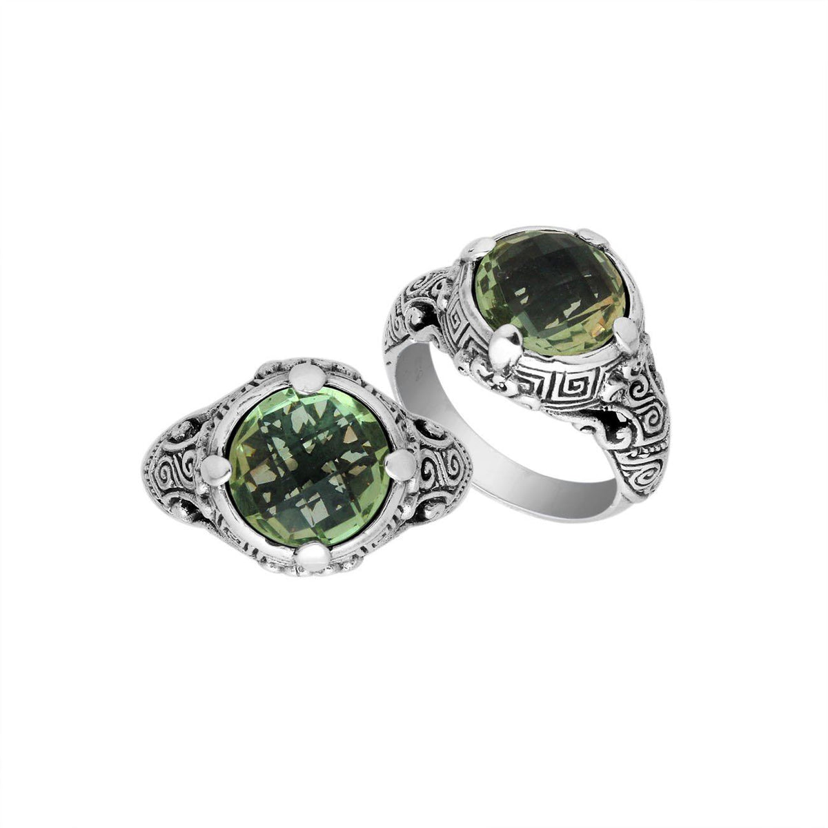 Sterling Silver vintage-inspired Green Amethyst Quartz ring with elegant Balinese handcrafted detailing.