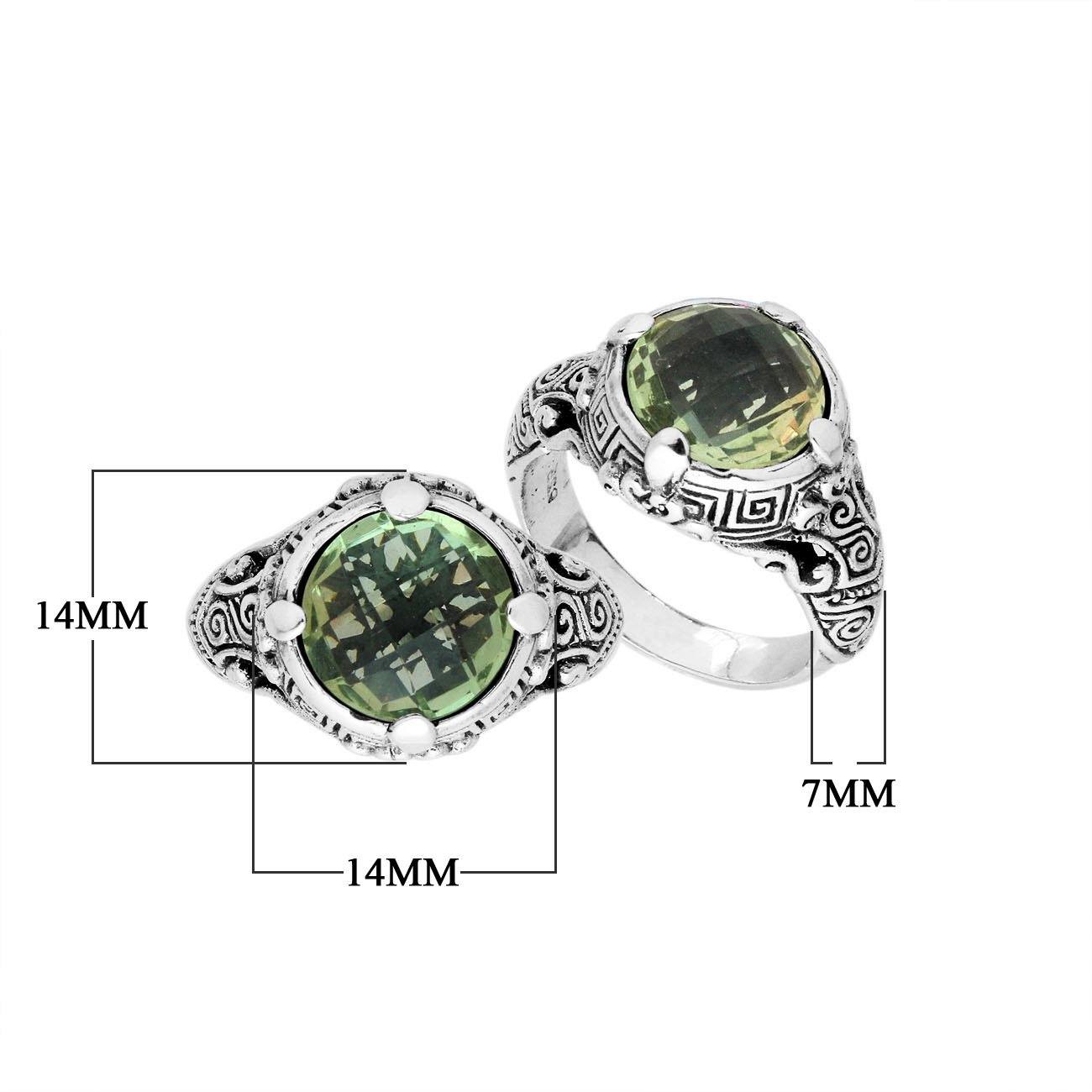 Sterling Silver vintage-inspired Green Amethyst Quartz ring with elegant Balinese handcrafted detailing.