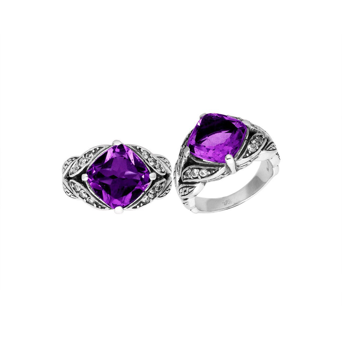Elegant Sterling Silver Balinese Design Ring With Amethyst Quartz And Cubic Zirconia Stones