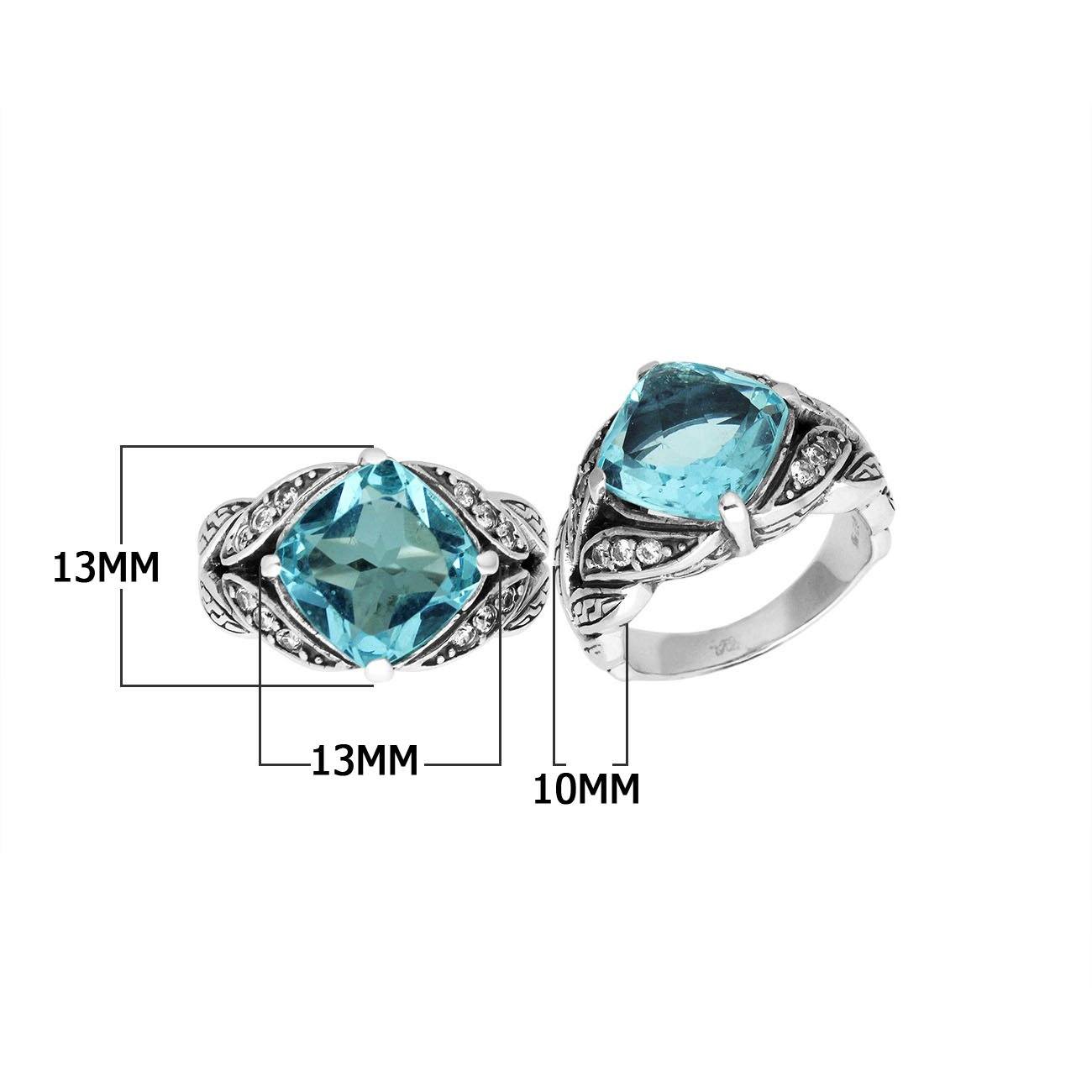 Elegant Sterling Silver Balinese Design Ring With Blue Topaz Quartz And Cubic Zirconia Stones