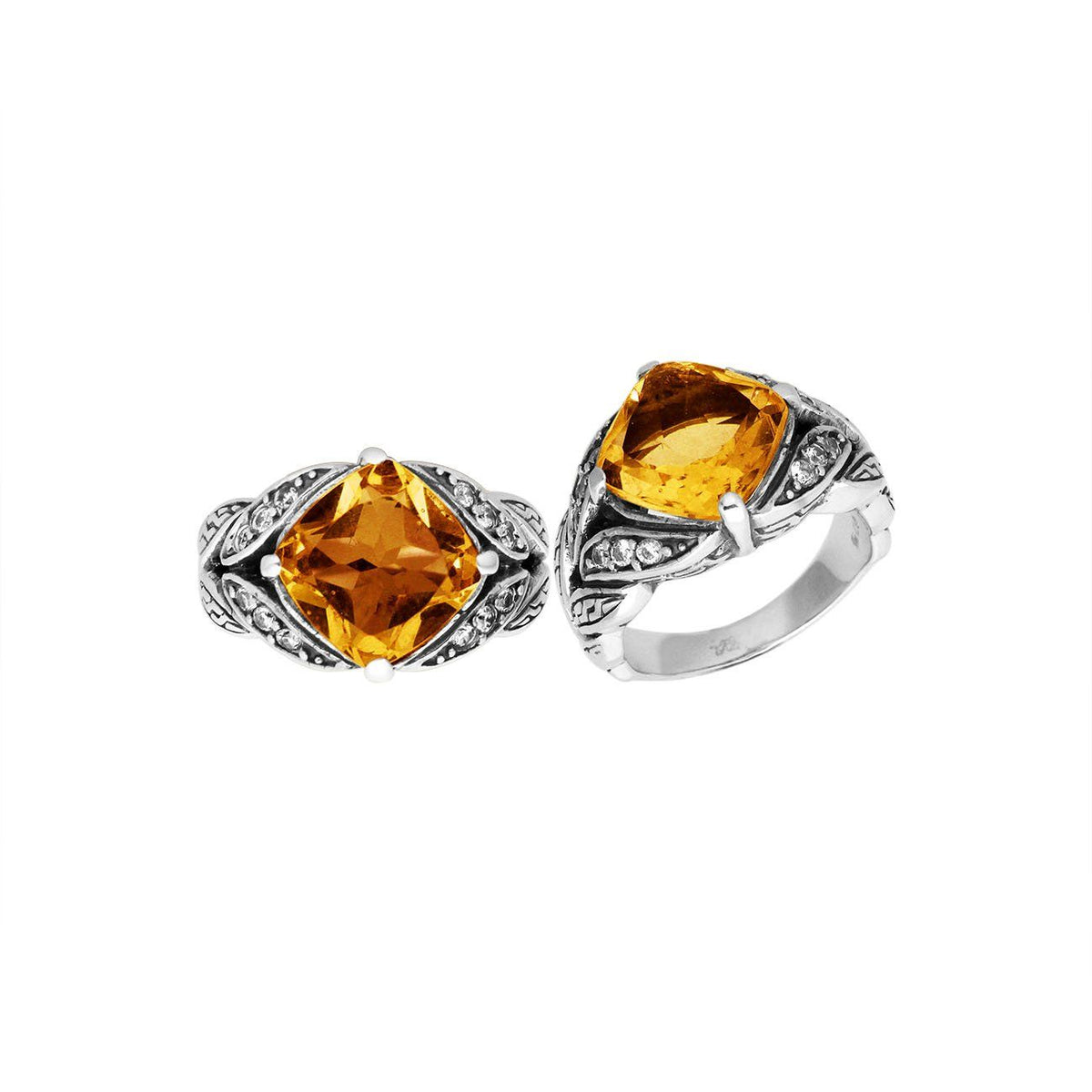 Elegant Sterling Silver Balinese Design Ring With Citrine Quartz And Cubic Zirconia Stones