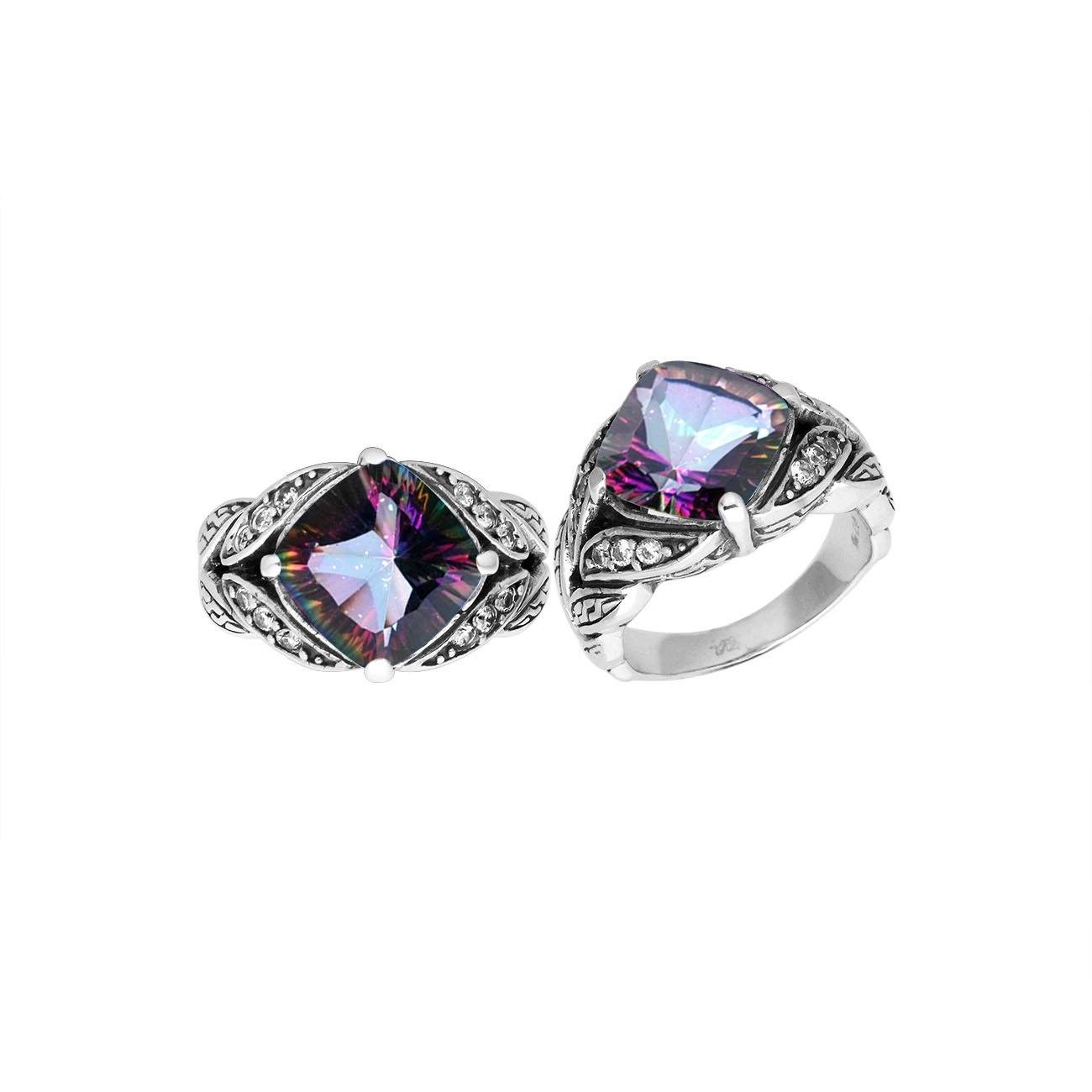 Elegant Sterling Silver Balinese Design Ring With Mystic Quartz And Cubic Zirconia Stones