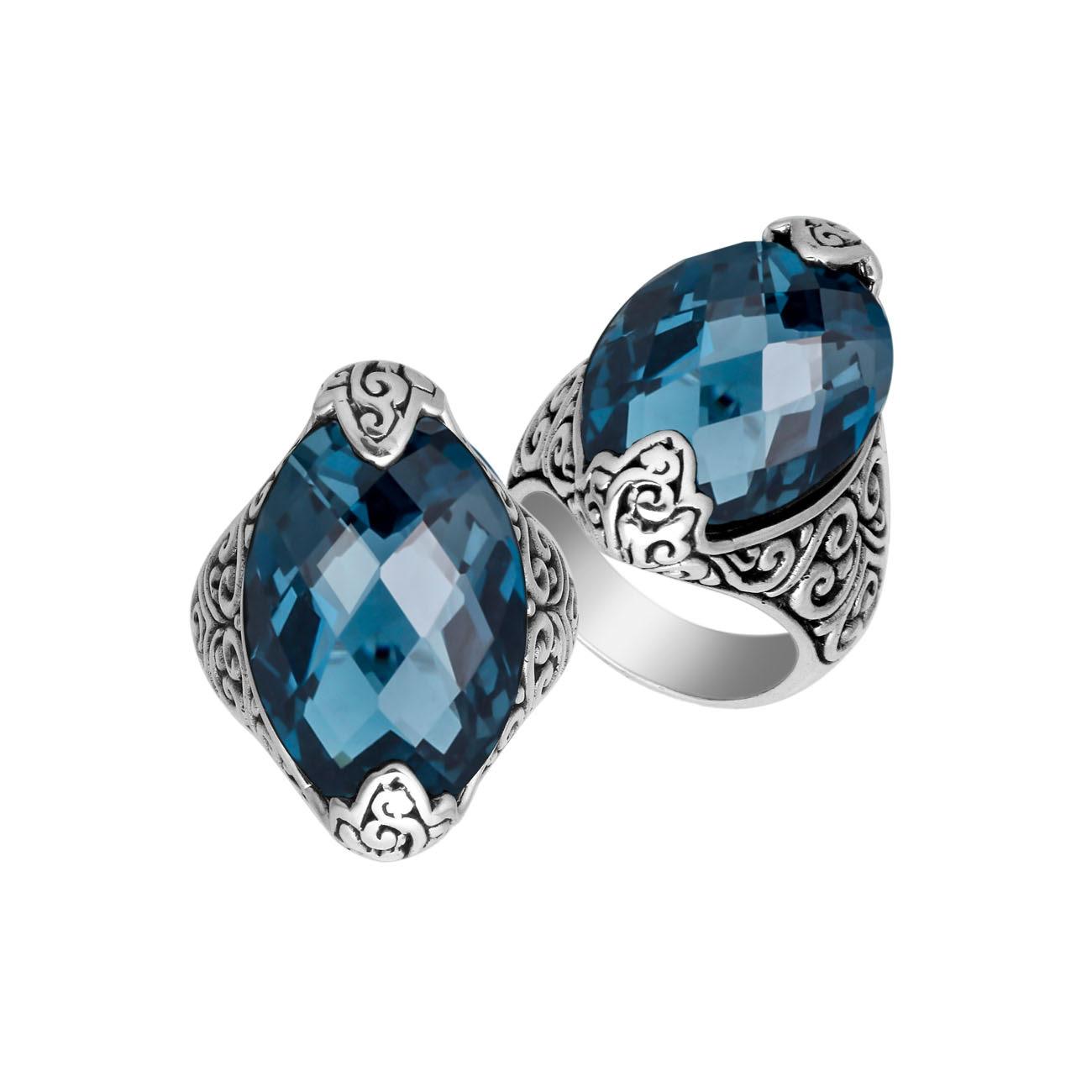 Elegant Sterling Silver Marquise Shape Ring With London Blue Topaz Quartz In Balinese Design