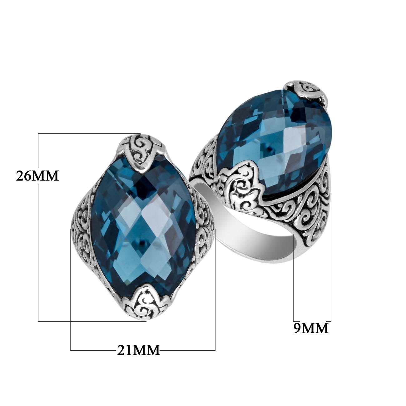 Elegant Sterling Silver Marquise Shape Ring With London Blue Topaz Quartz In Balinese Design