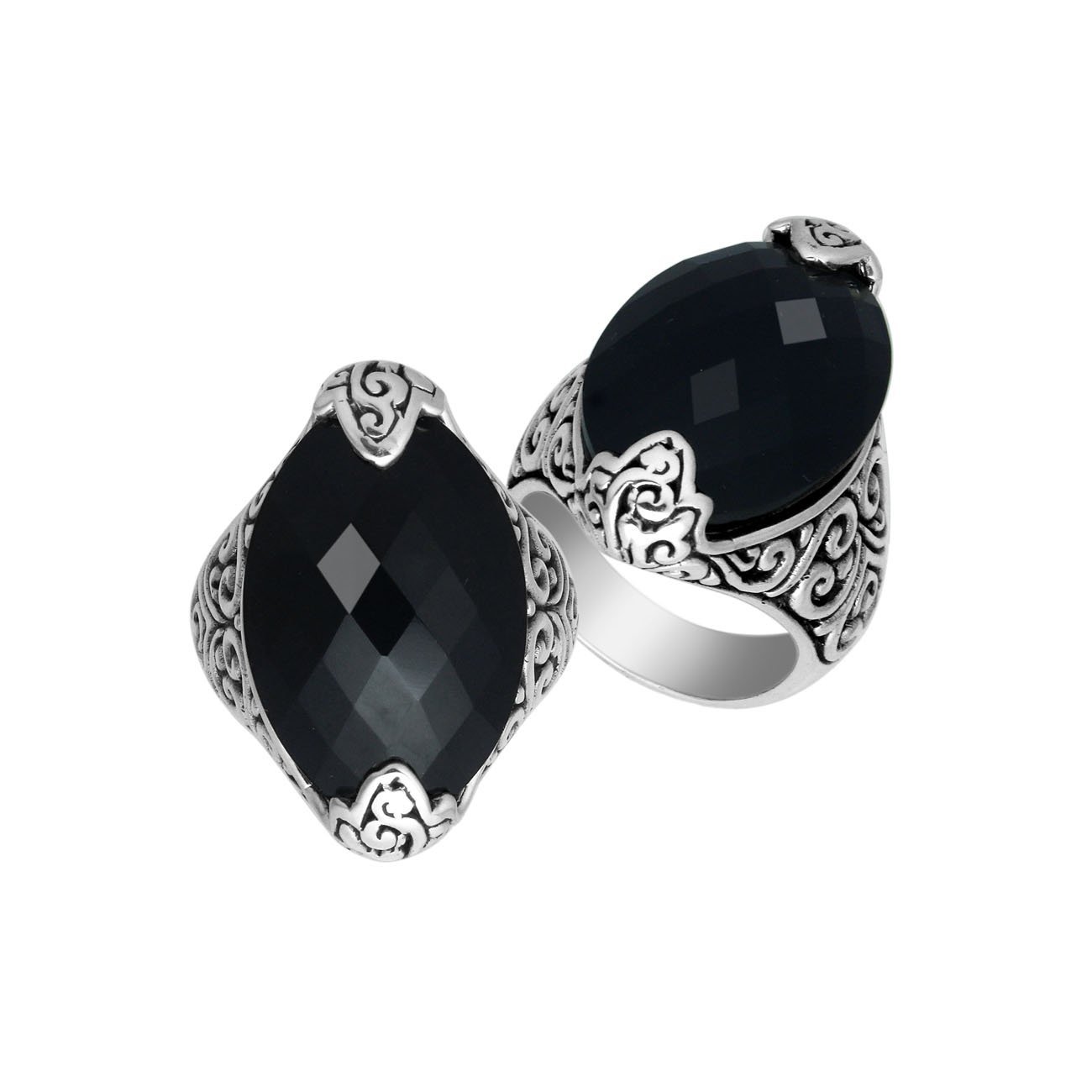 Elegant Sterling Silver Marquise Shape Ring With Black Onyx In Balinese Design