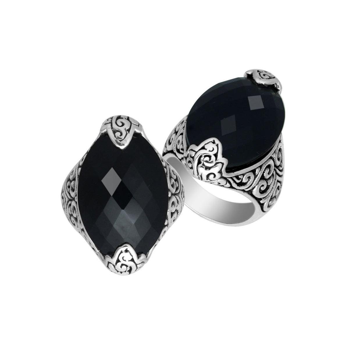 Elegant Sterling Silver Marquise Shape Ring With Black Onyx In Balinese Design