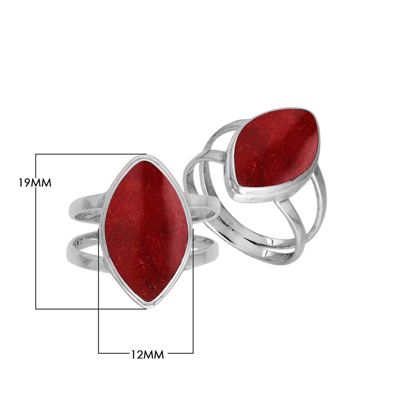 Elegant Sterling Silver Marquise Shape Ring With Red Coral In Balinese Design