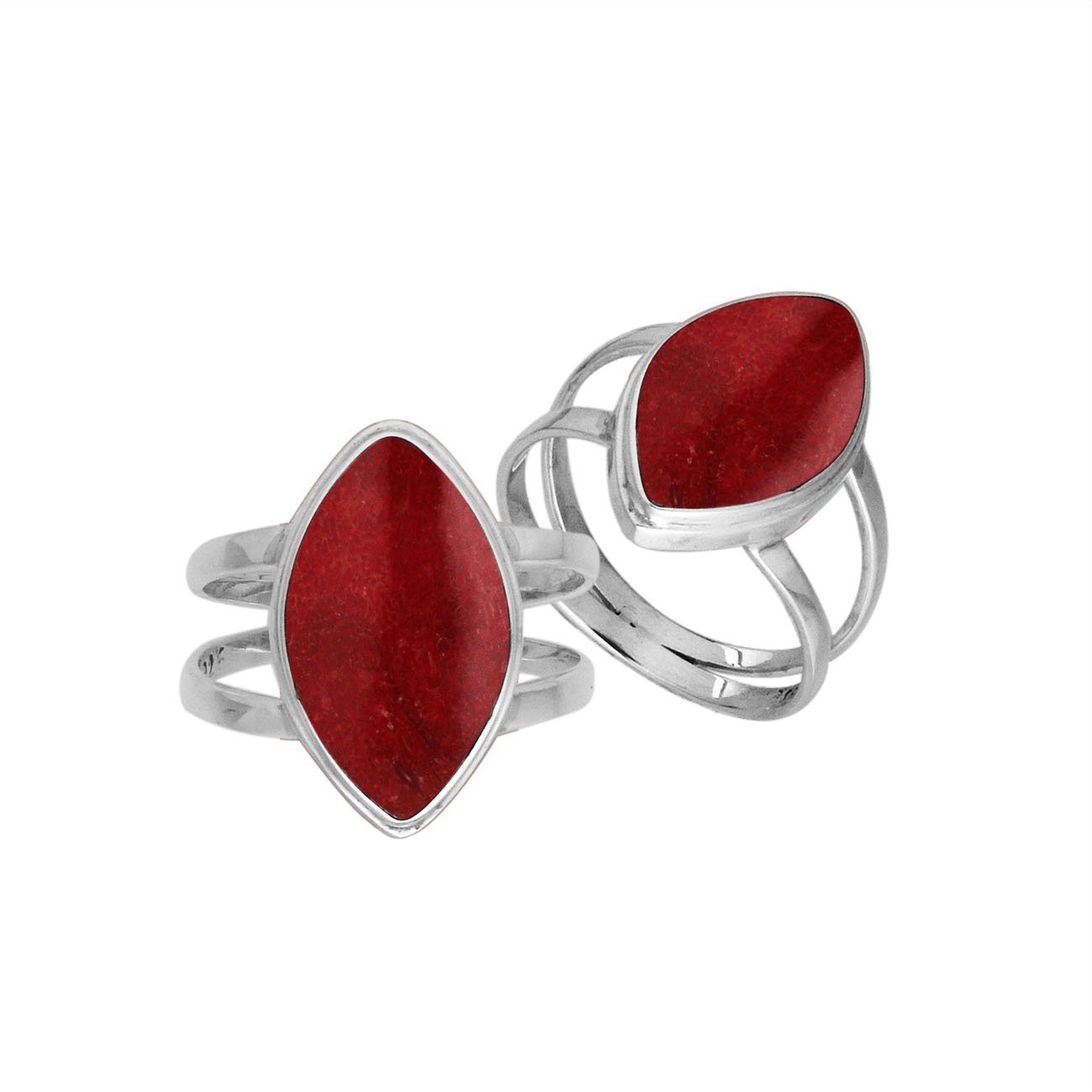 Elegant Sterling Silver Marquise Shape Ring With Red Coral In Balinese Design
