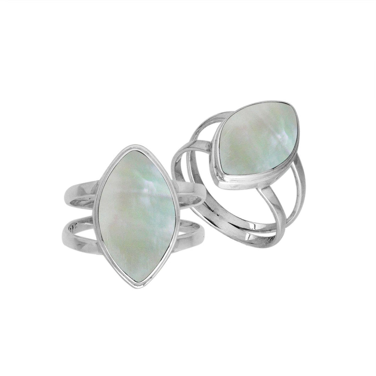 Elegant Sterling Silver Marquise Shape Ring With Mother Of Pearl In Balinese Design