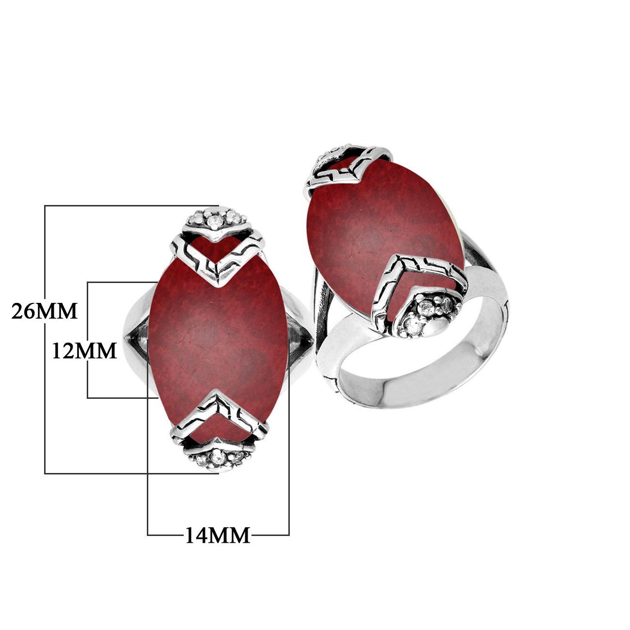 Elegant Sterling Silver Marquise Shape Ring With Red Coral And Cubic Zirconia In Balinese Design