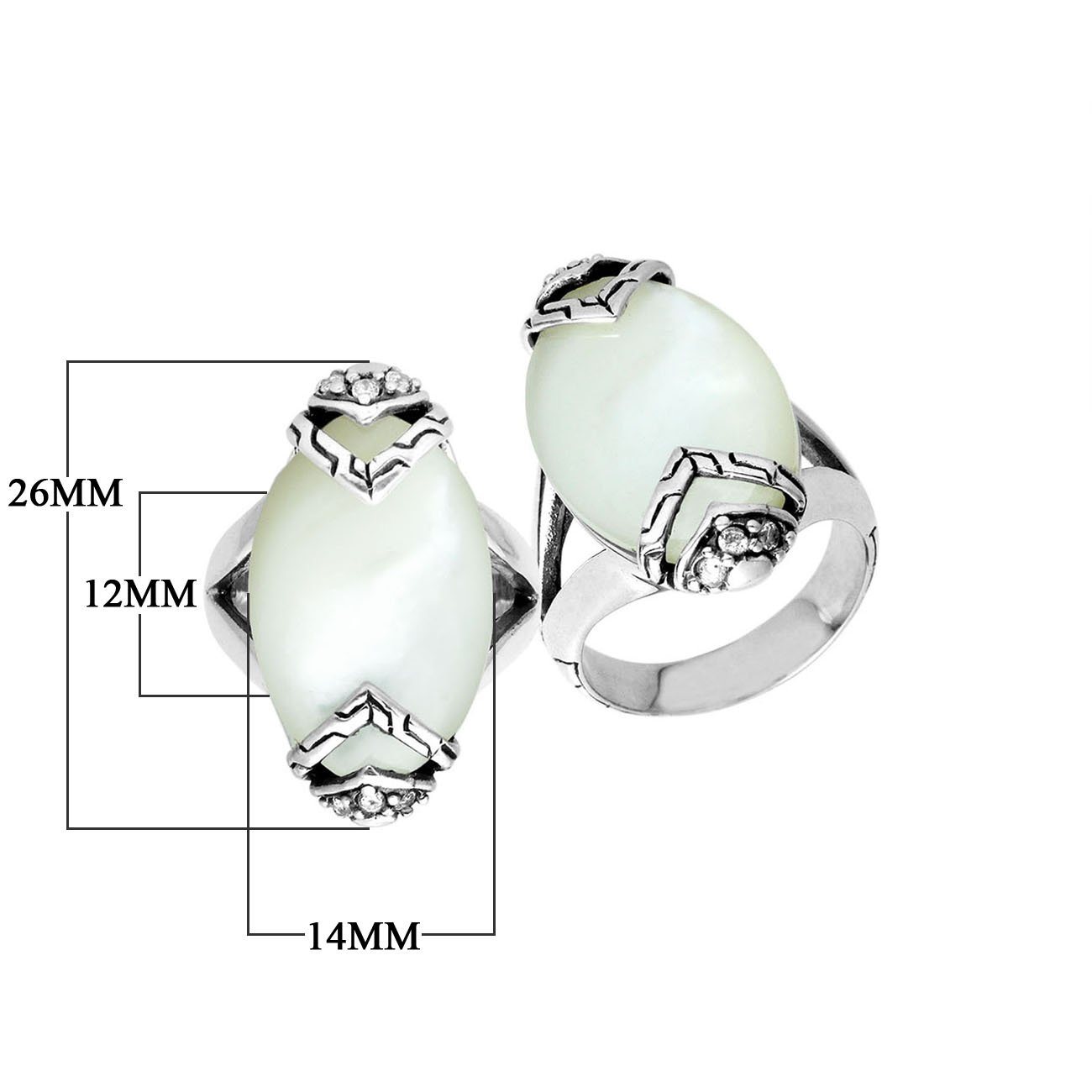 Elegant Sterling Silver Marquise Shape Ring With Mother Of Pearl And Cubic Zirconia In Balinese Design