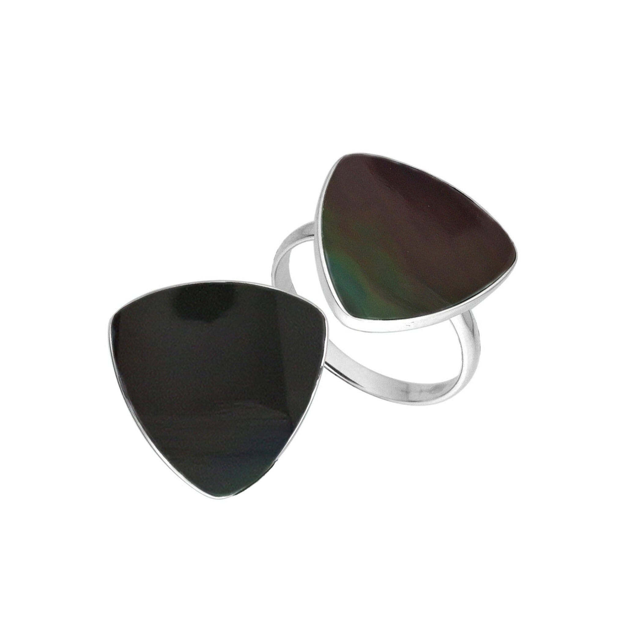 Elegant Sterling Silver Triangle Shape Ring With Black Shell In Balinese Design