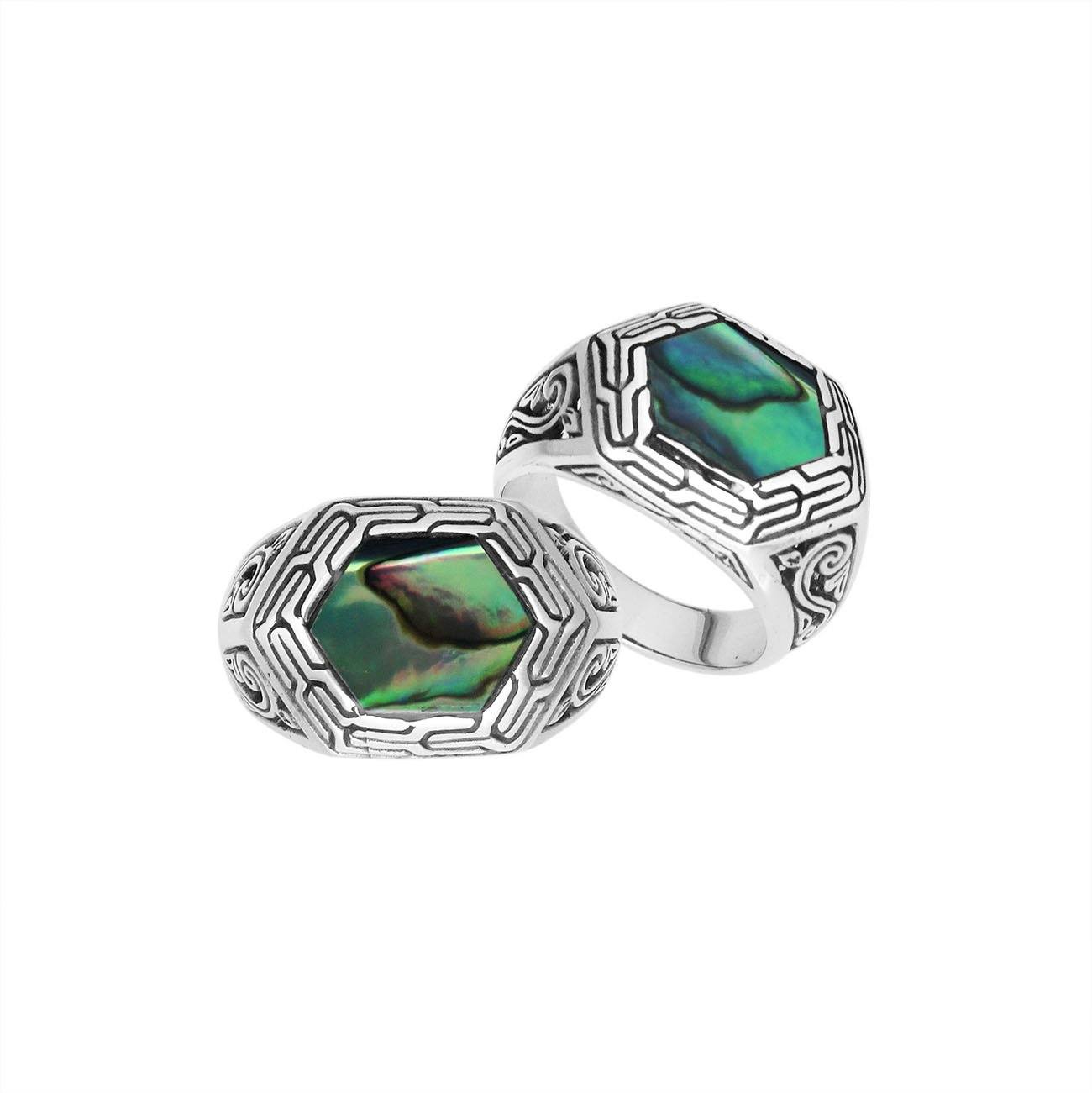 Sterling Silver Hexagon Tribal Statement Ring With Abalone Shell