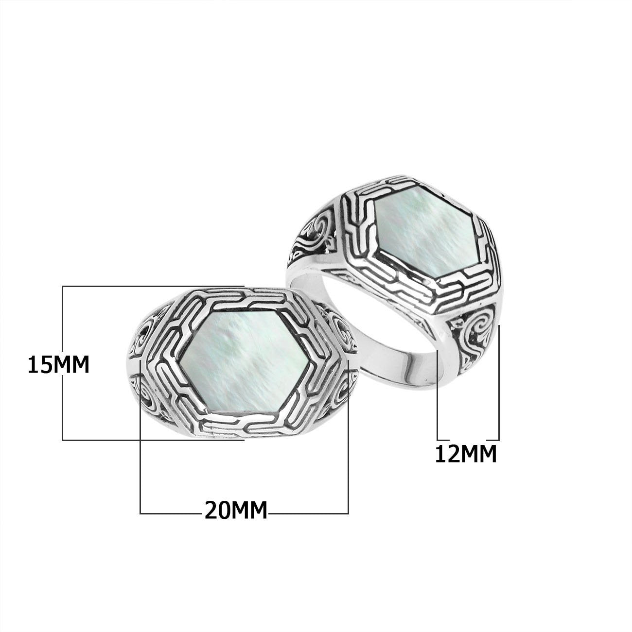Sterling Silver Hexagon Tribal Statement Ring With Mother Of Pearl