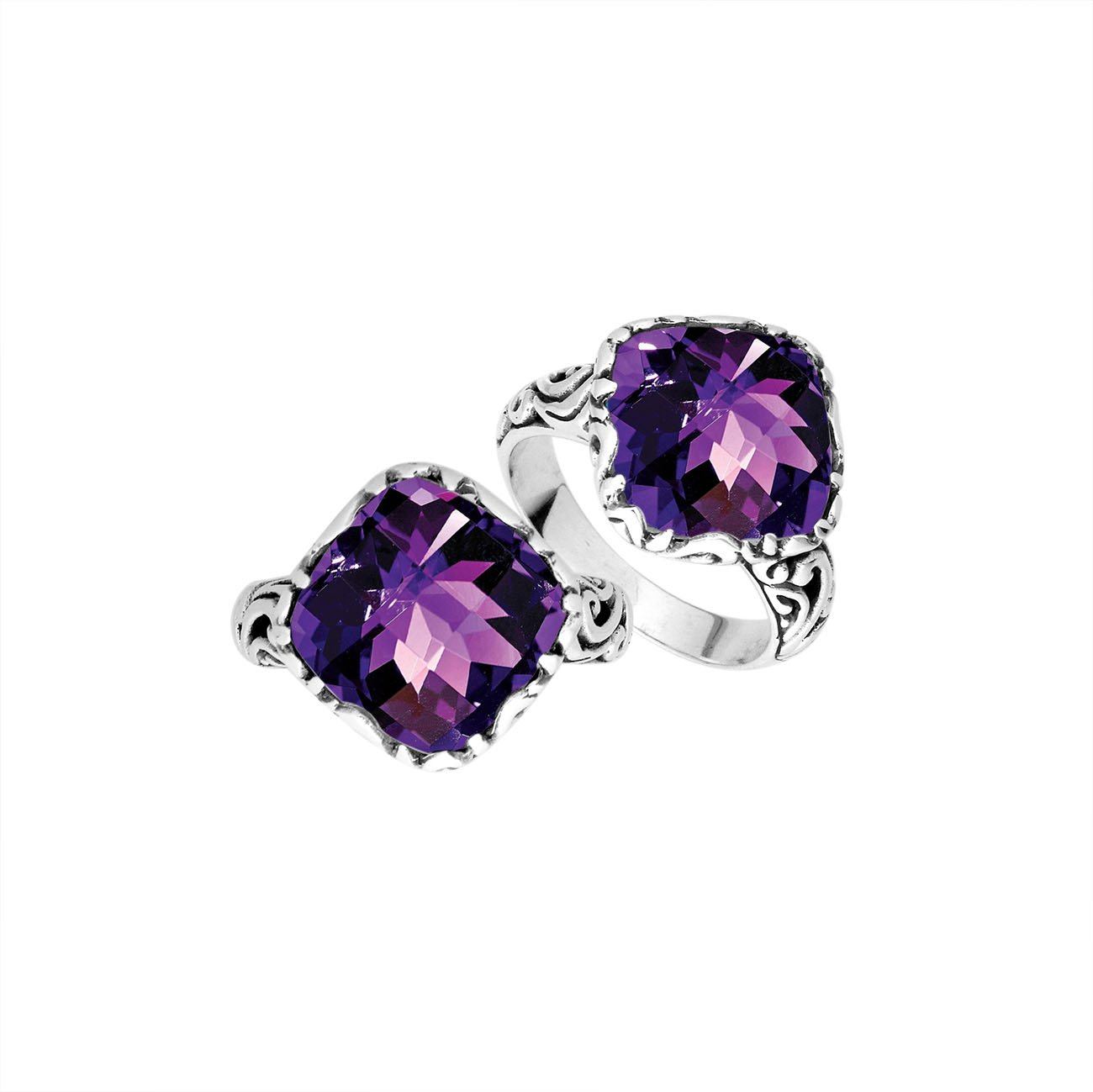 Sterling Silver Cushion Shape Balinese Statement Ring With Amethyst Quartz