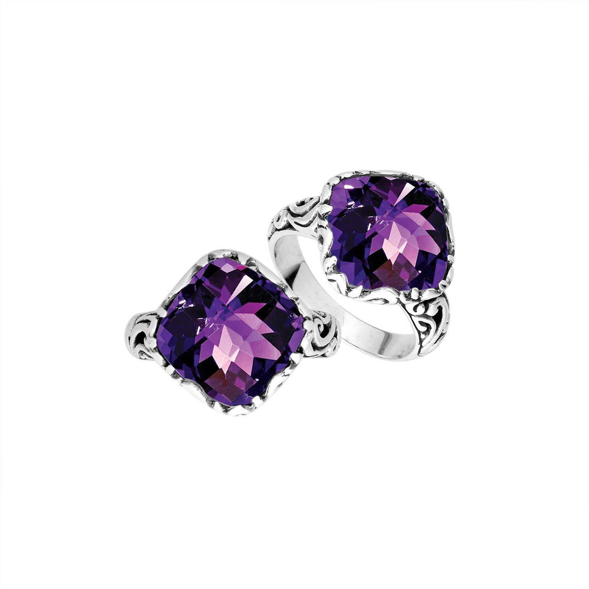 Sterling Silver Cushion Shape Balinese Statement Ring With Amethyst Quartz