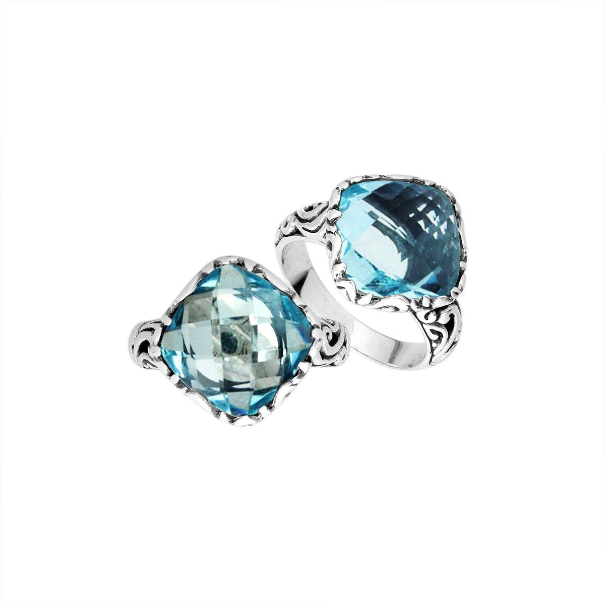 Sterling Silver Cushion Shape Balinese Statement Ring With Blue Topaz Quartz