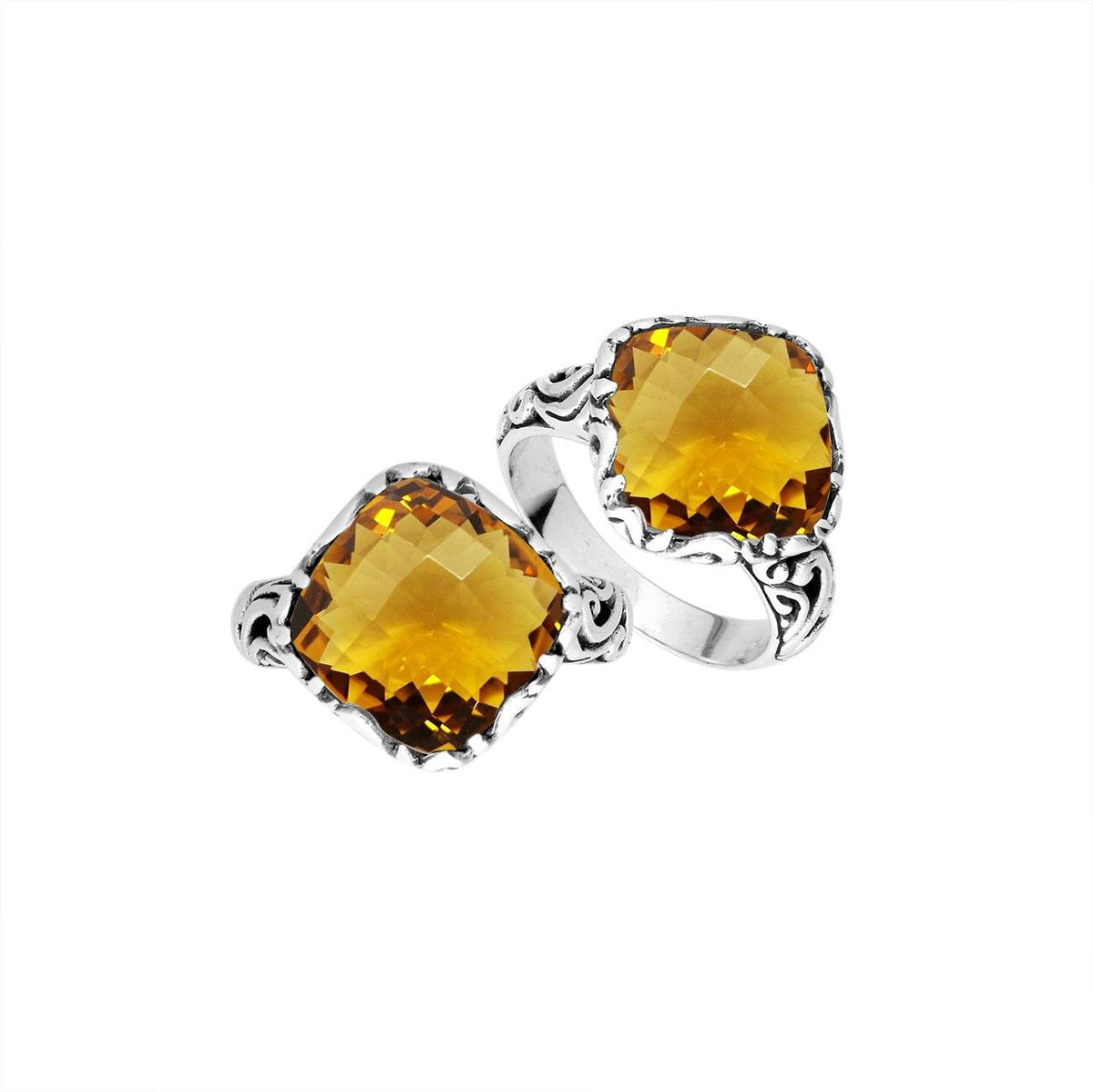Sterling Silver Cushion Shape Balinese Statement Ring With Citrine Quartz