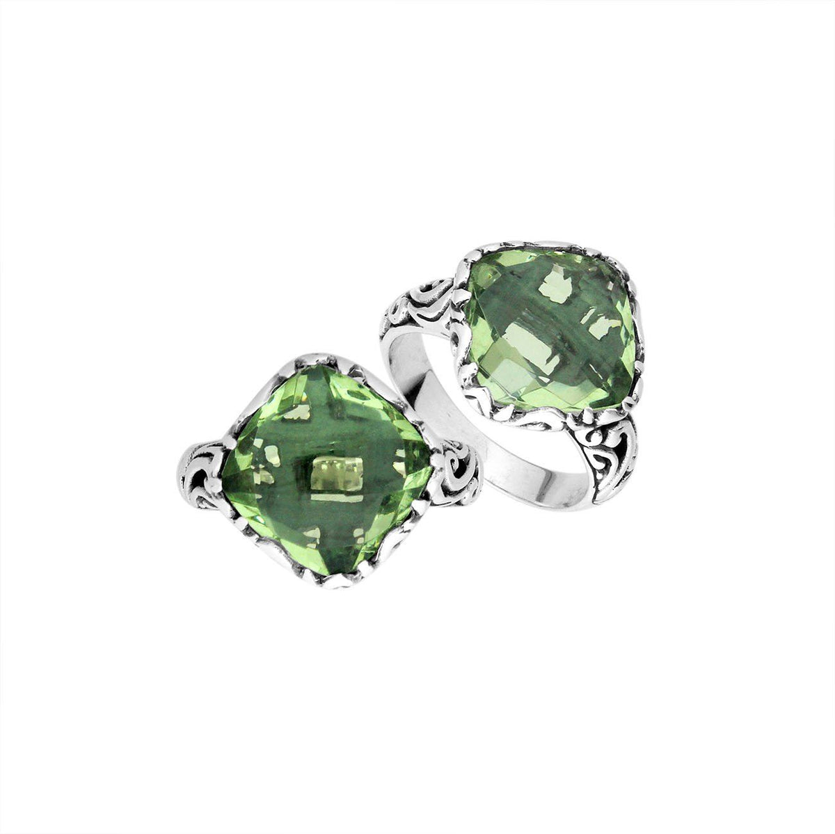 Sterling Silver Cushion Shape Balinese Statement Ring With Green Amethyst Quartz