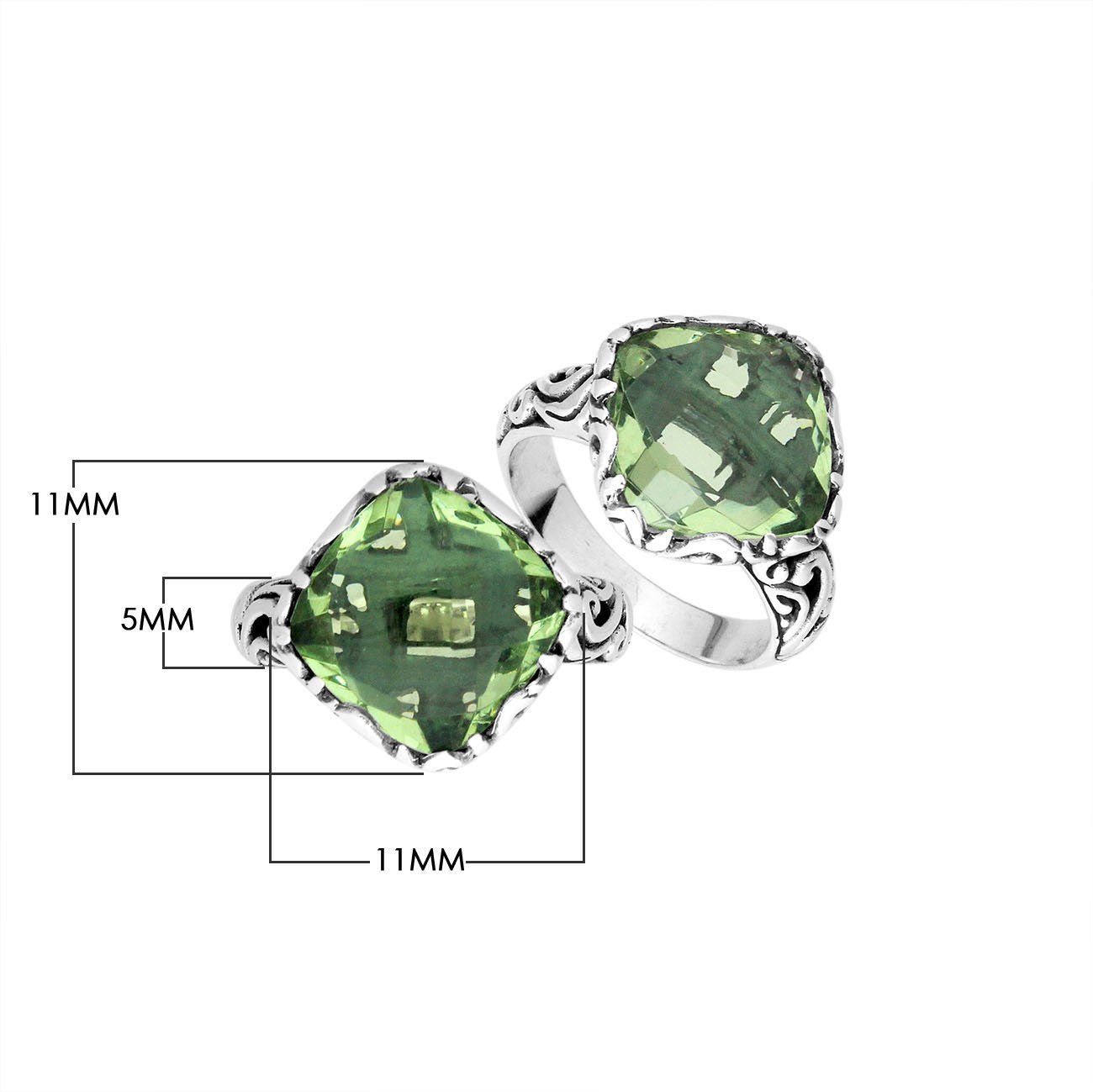 Sterling Silver Cushion Shape Balinese Statement Ring With Green Amethyst Quartz