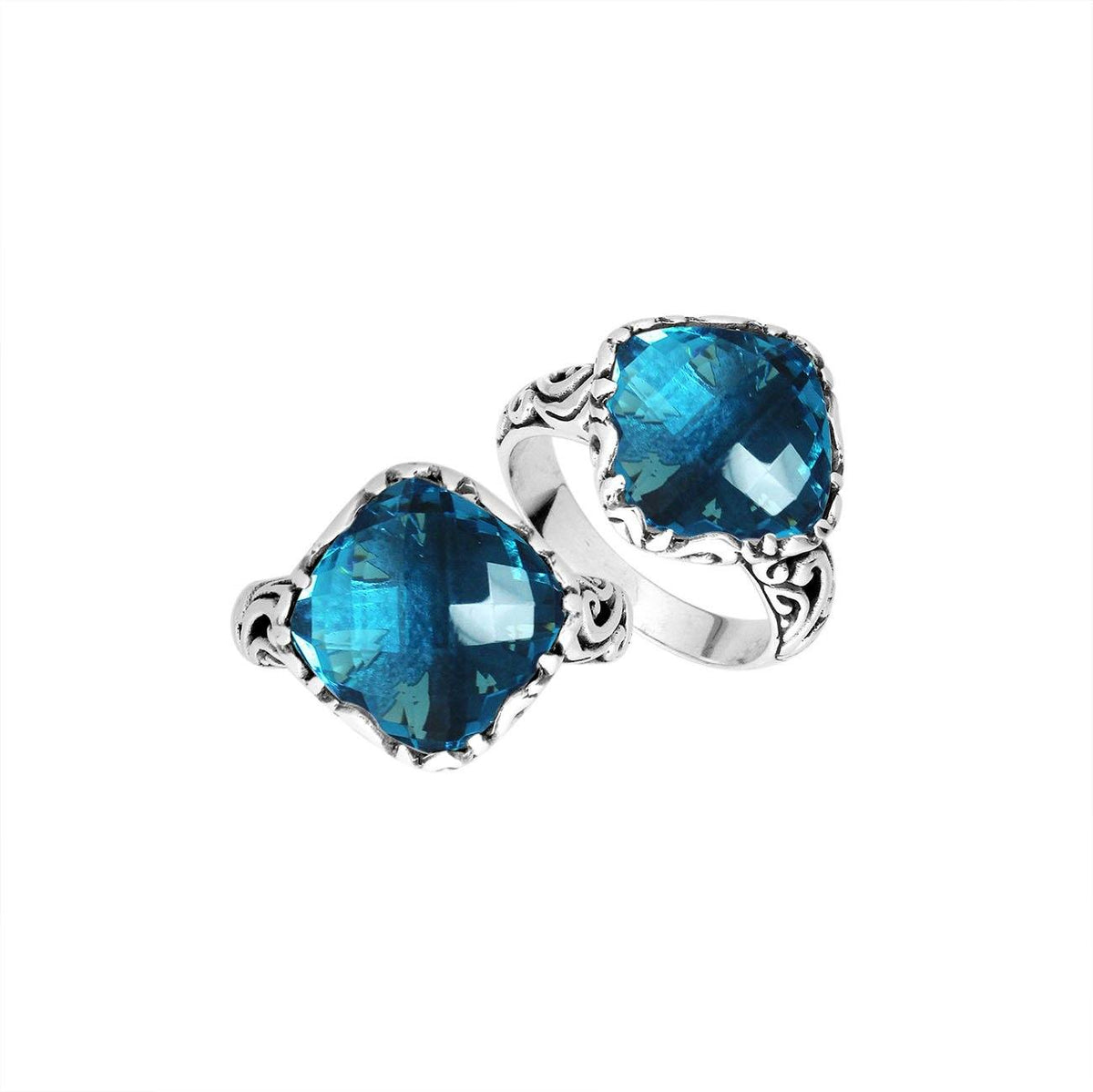 Sterling Silver Cushion Shape Balinese Statement Ring With London Blue Topaz Quartz