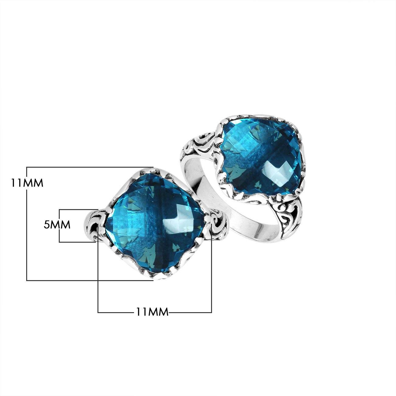 Sterling Silver Cushion Shape Balinese Statement Ring With London Blue Topaz Quartz
