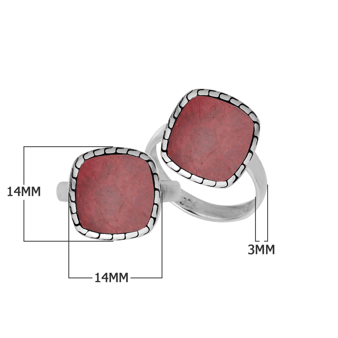 Sterling Silver Cushion Shape Textured Statement Ring With Red Coral