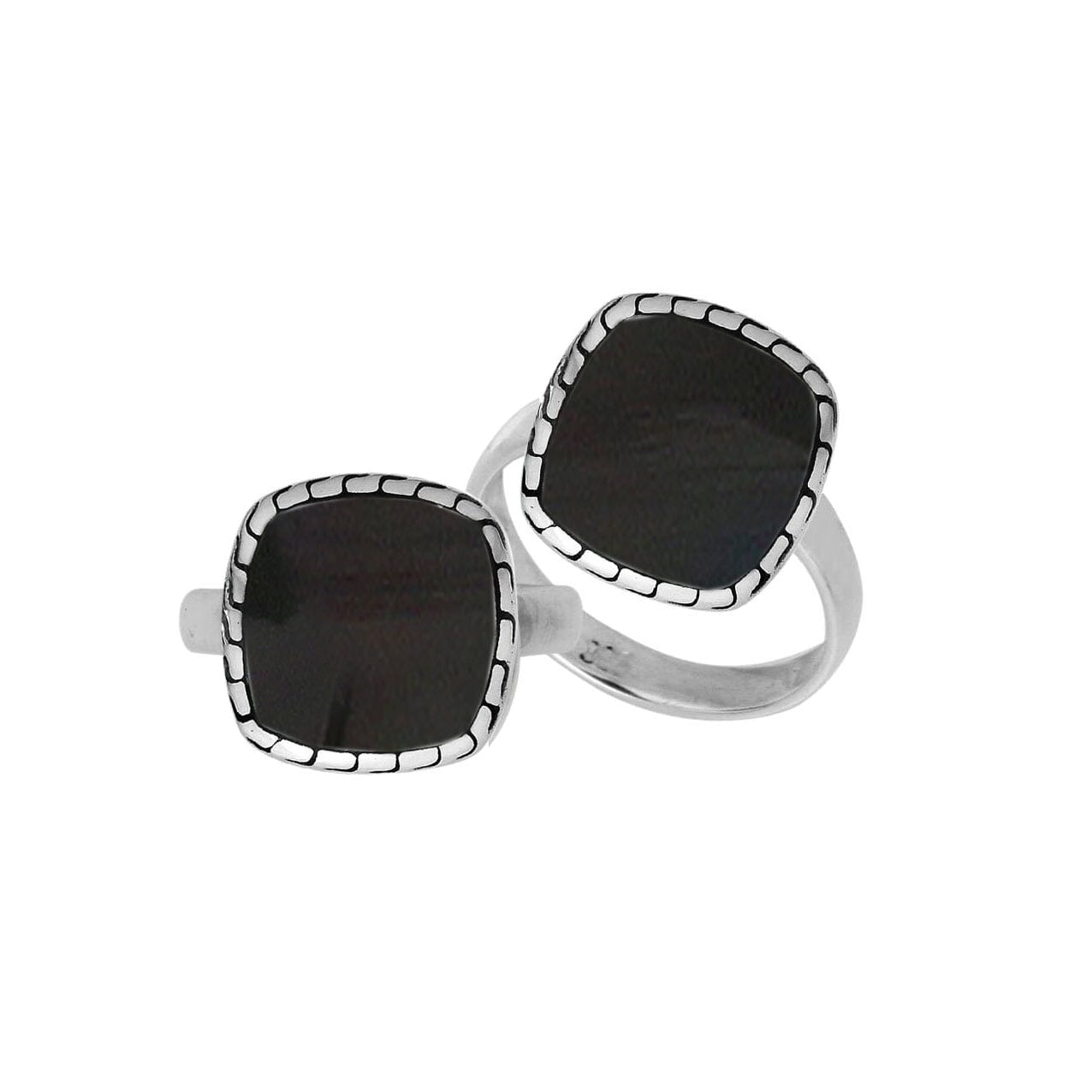 Sterling Silver Cushion Shape Textured Statement Ring With Black Shell