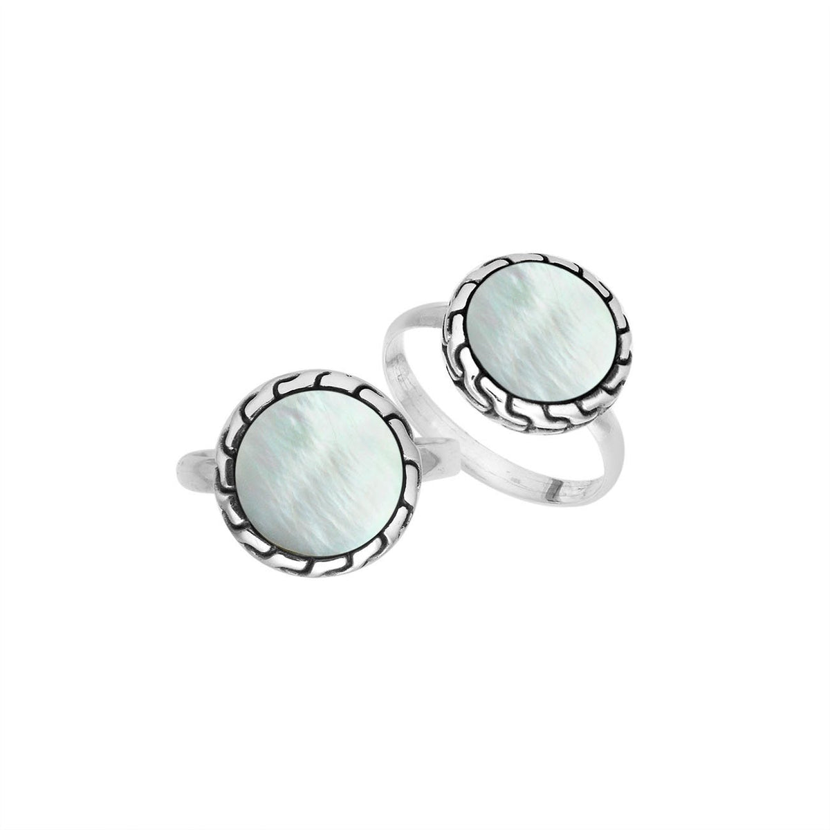 Sterling Silver Round Shape Textured Statement Ring With Mother Of Pearl