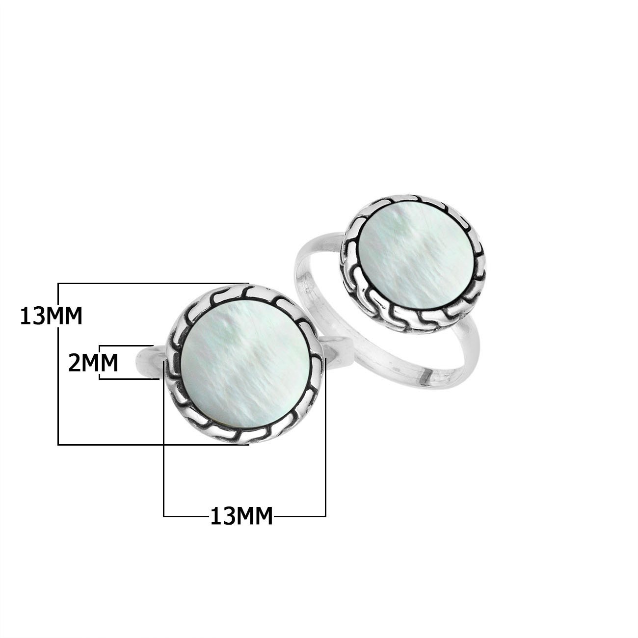 Sterling Silver Round Shape Textured Statement Ring With Mother Of Pearl