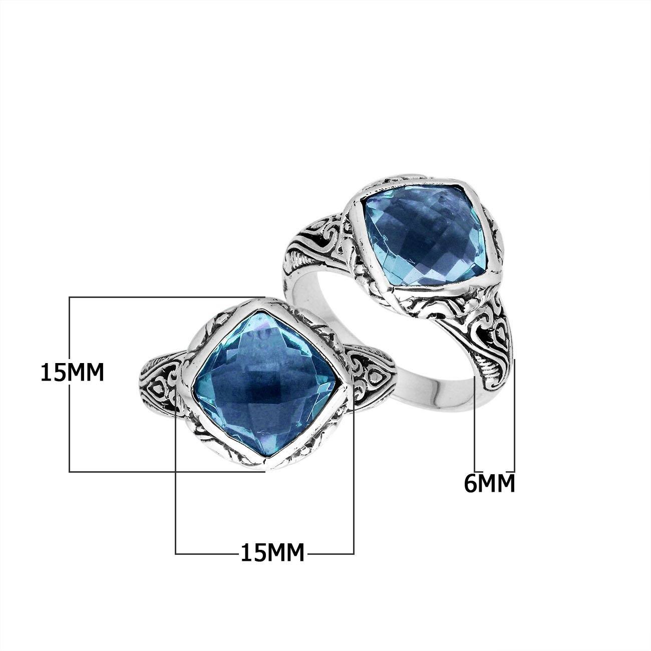 Sterling Silver Blue Topaz Quartz Cushion Statement Ring With Balinese Motif
