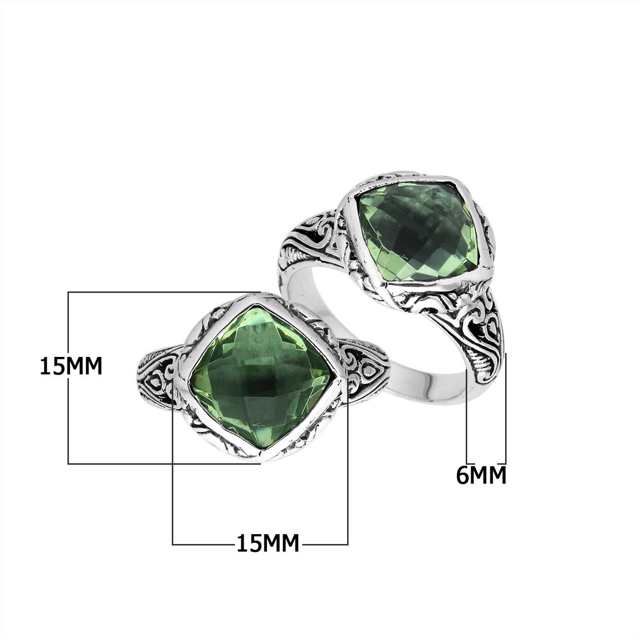 Sterling Silver Green Amethyst Quartz Cushion Statement Ring With Balinese Motif