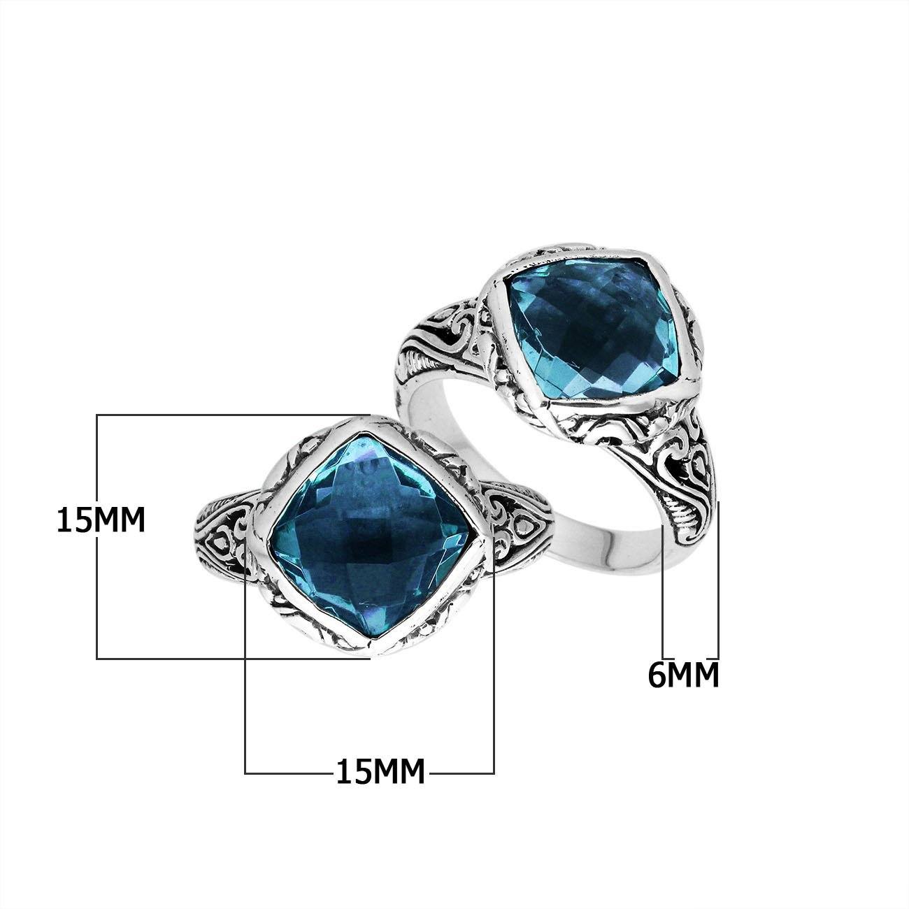 Sterling Silver London Blue Topaz Quartz Cushion Statement Ring With Balinese Motif
