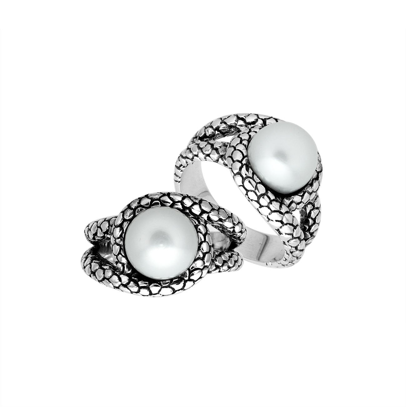 Sterling Silver White Pearl Round Shape Statement Ring With Artistic Design