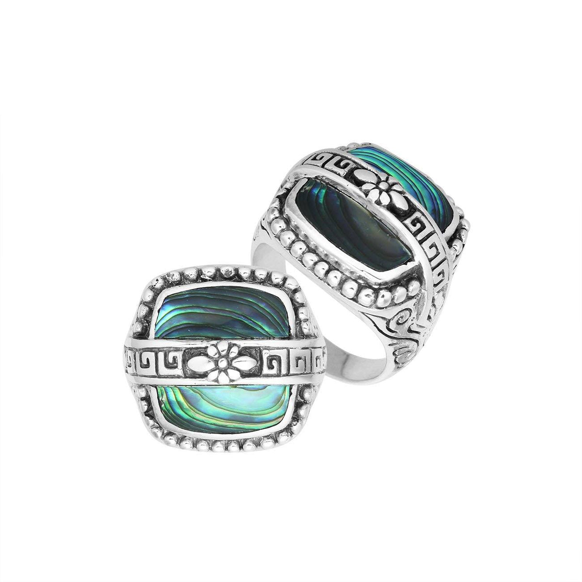Sterling Silver Abalone Shell Rectangular Statement Ring With Floral Artistic Design