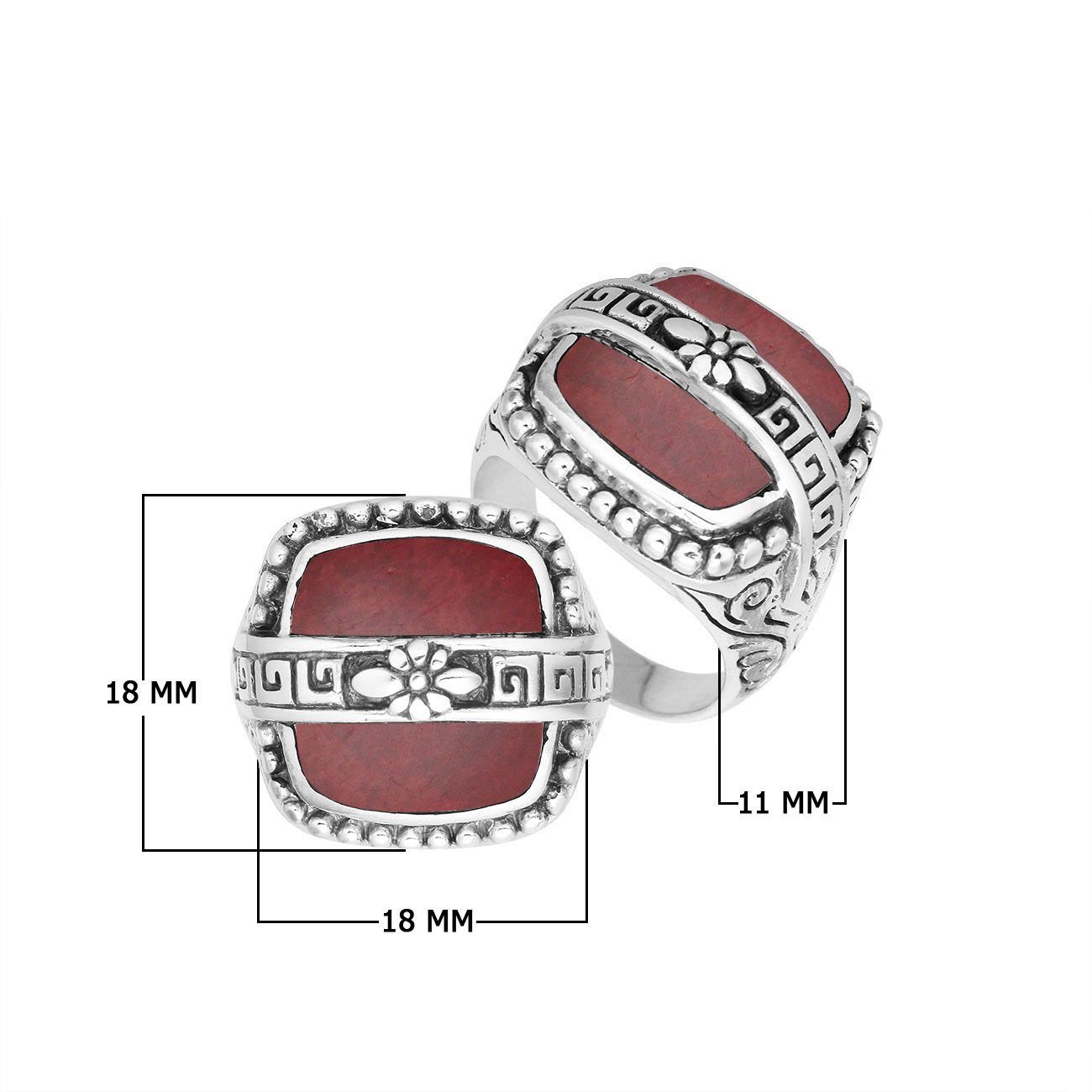 Sterling Silver Red Coral Rectangular Statement Ring With Floral Artistic Design