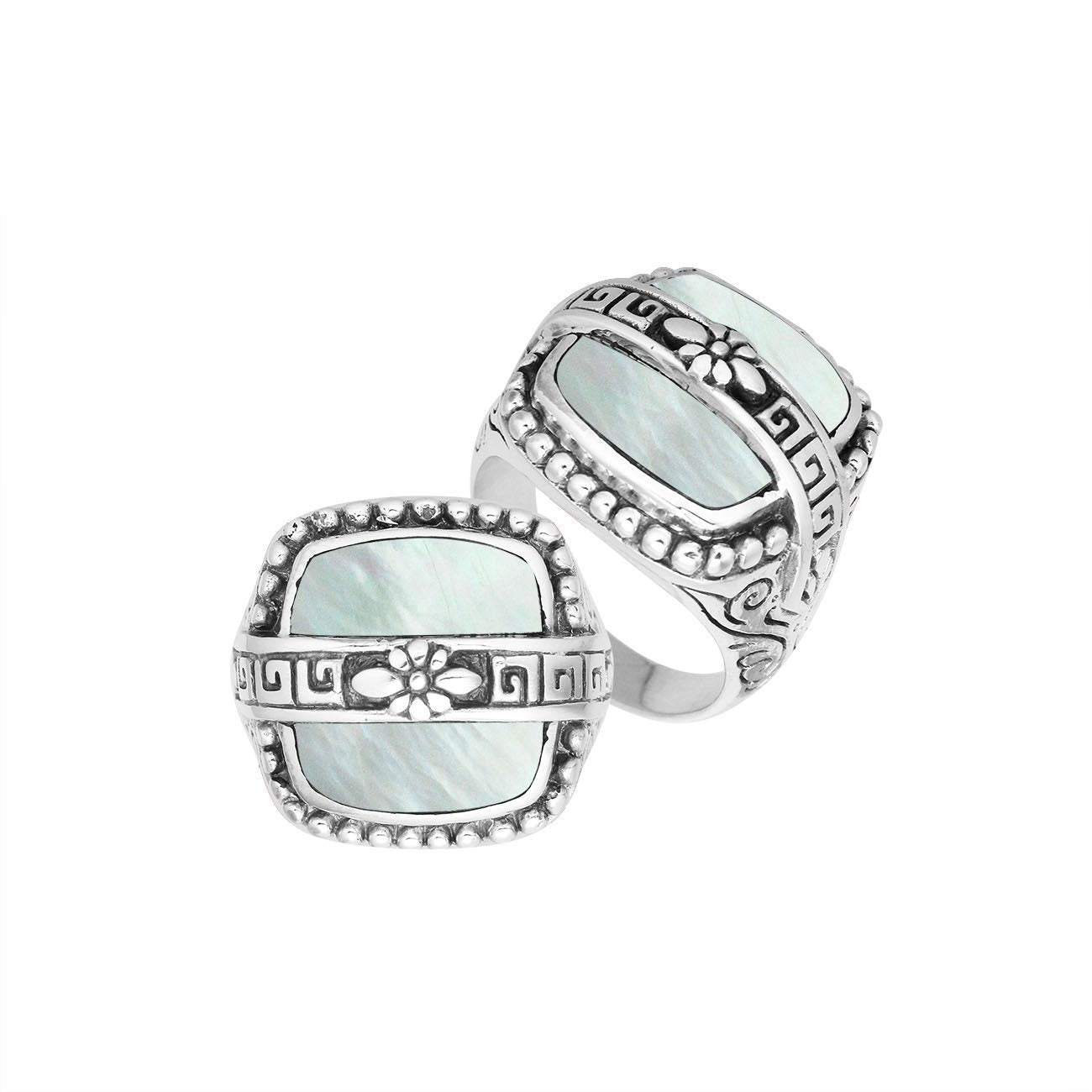 Sterling Silver Mother Of Pearl Rectangular Statement Ring With Floral Artistic Design