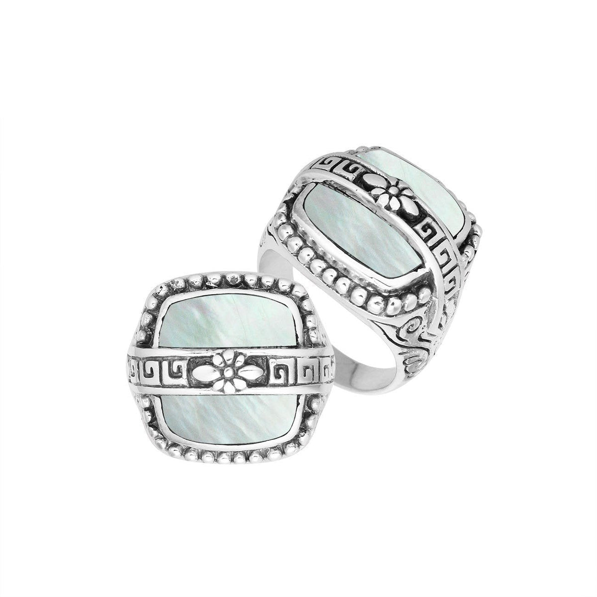 Sterling Silver Mother Of Pearl Rectangular Statement Ring With Floral Artistic Design