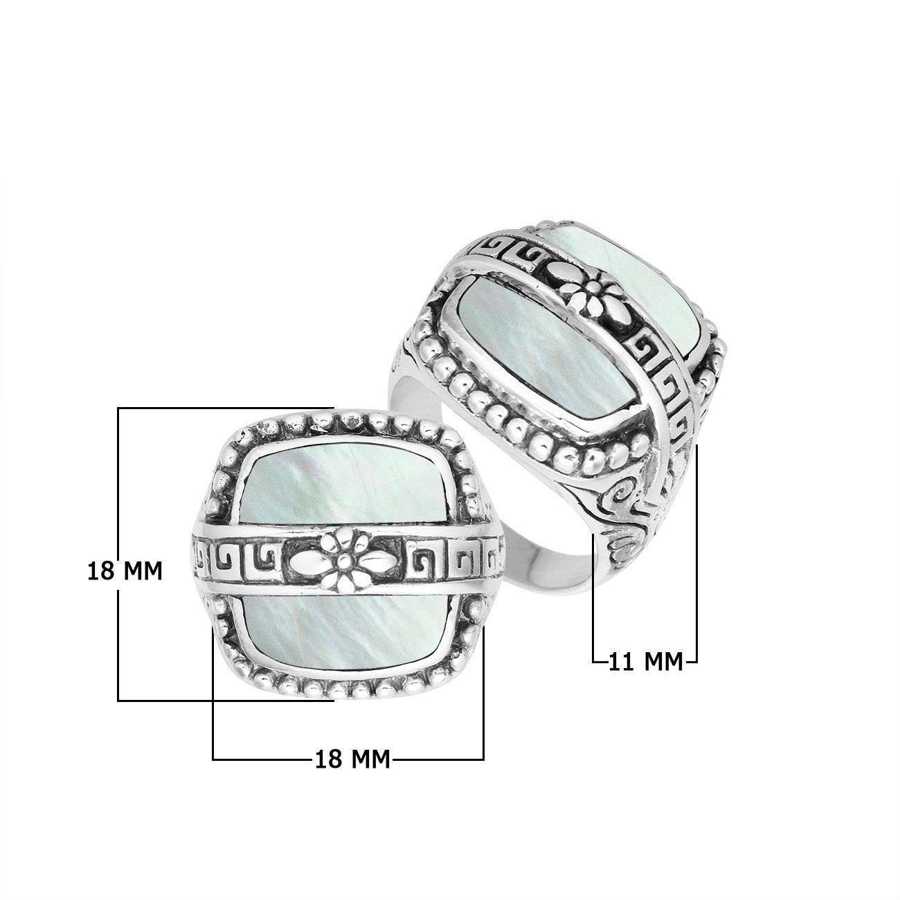 Sterling Silver Mother Of Pearl Rectangular Statement Ring With Floral Artistic Design