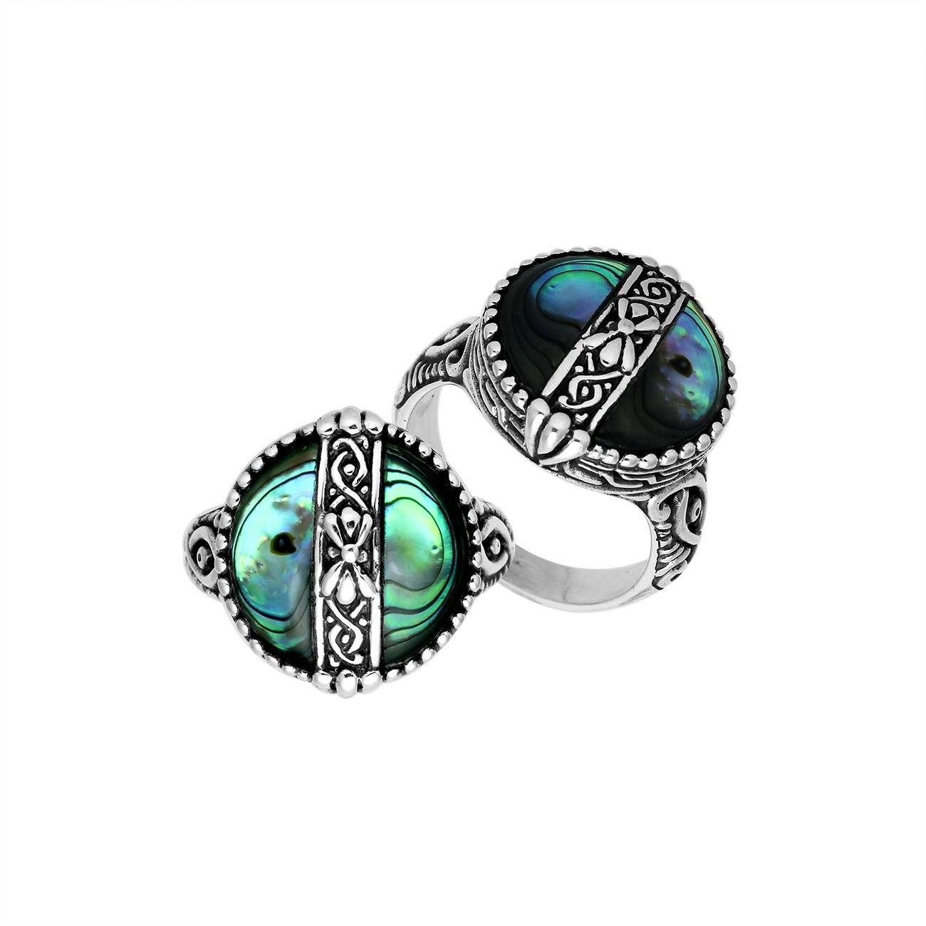 Sterling Silver Abalone Shell Round Shape Statement Ring With Balinese Artistic Design