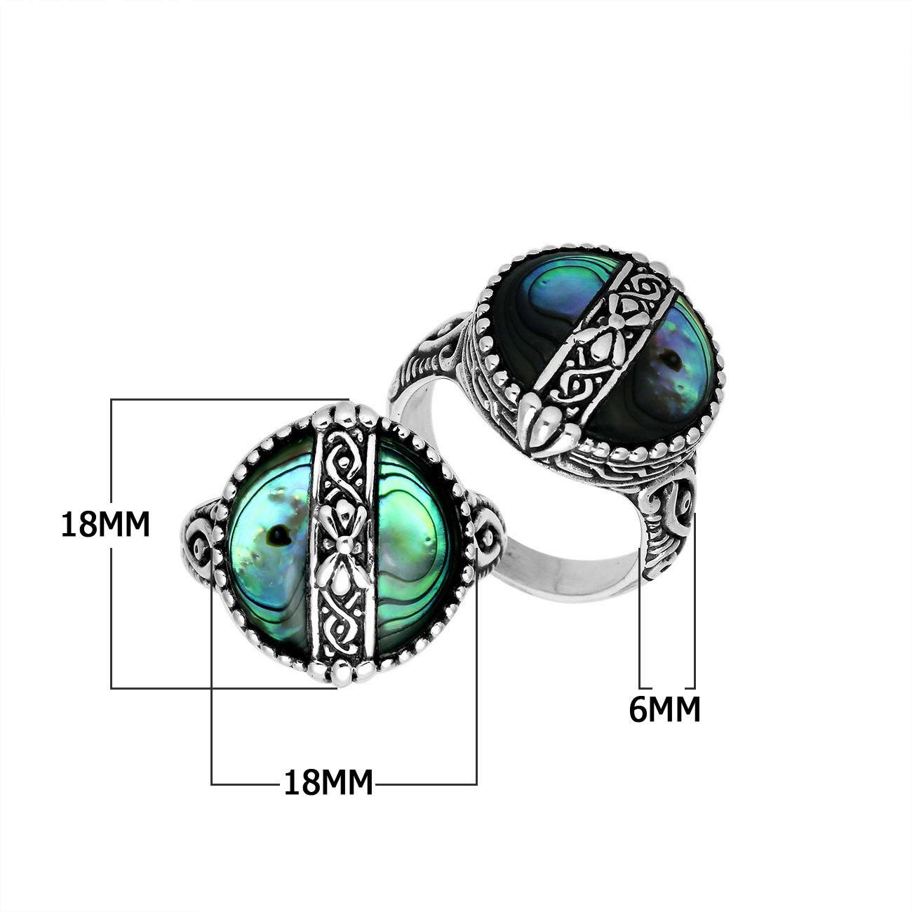 Sterling Silver Abalone Shell Round Shape Statement Ring With Balinese Artistic Design
