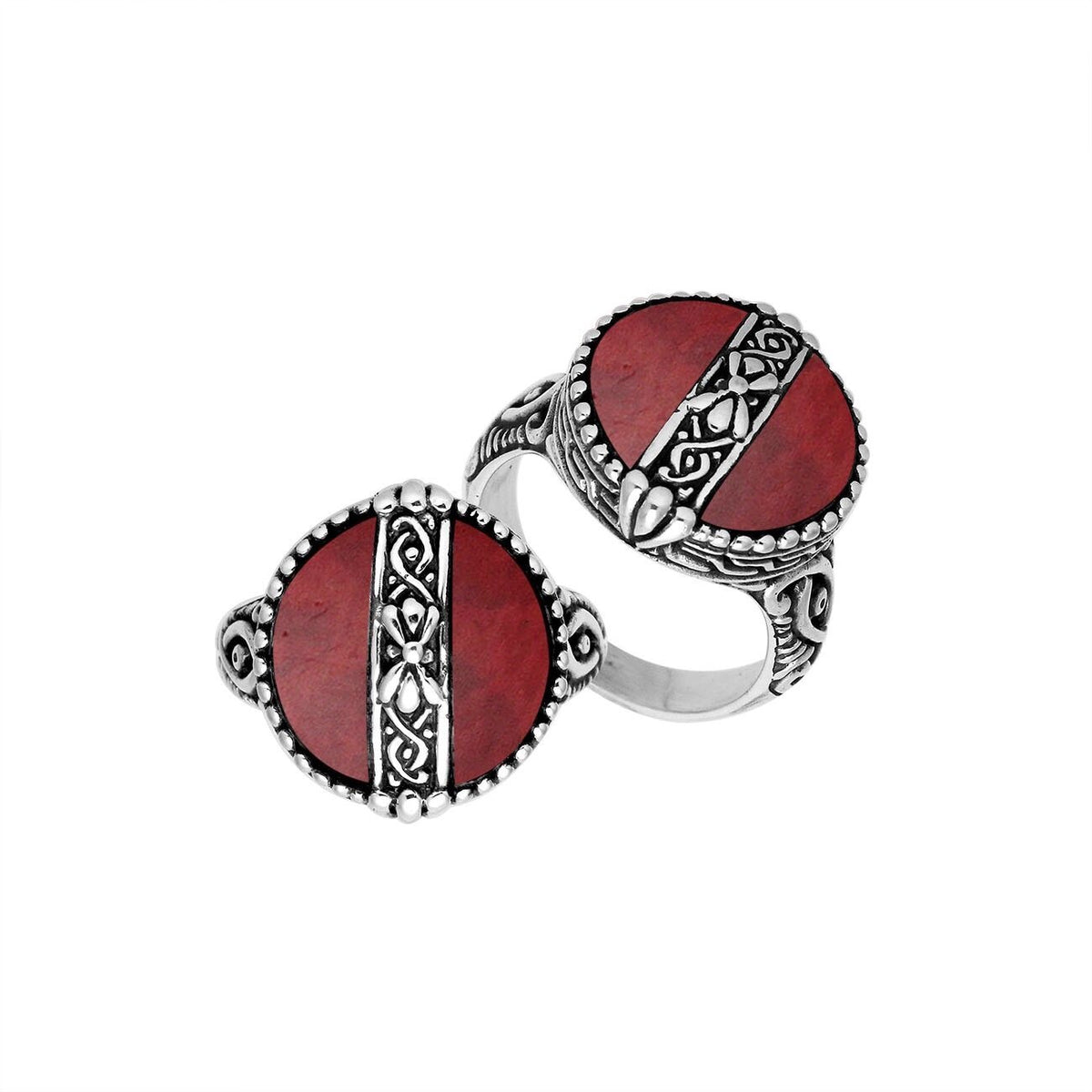 Sterling Silver Red Coral Round Shape Statement Ring With Balinese Artistic Design
